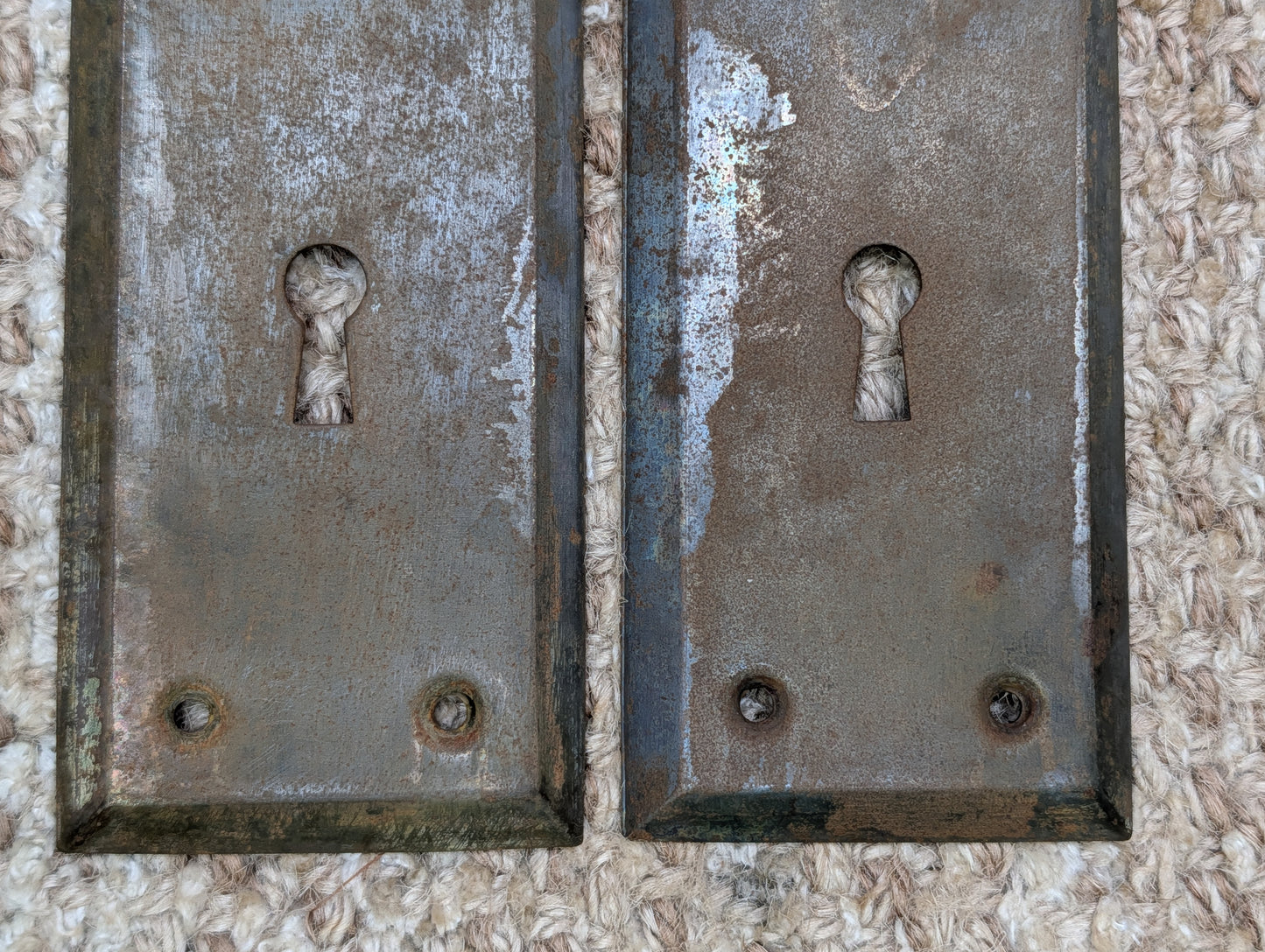 Pair 2 1/4" x 7" Antique Stamped Steel Door Knob Plates