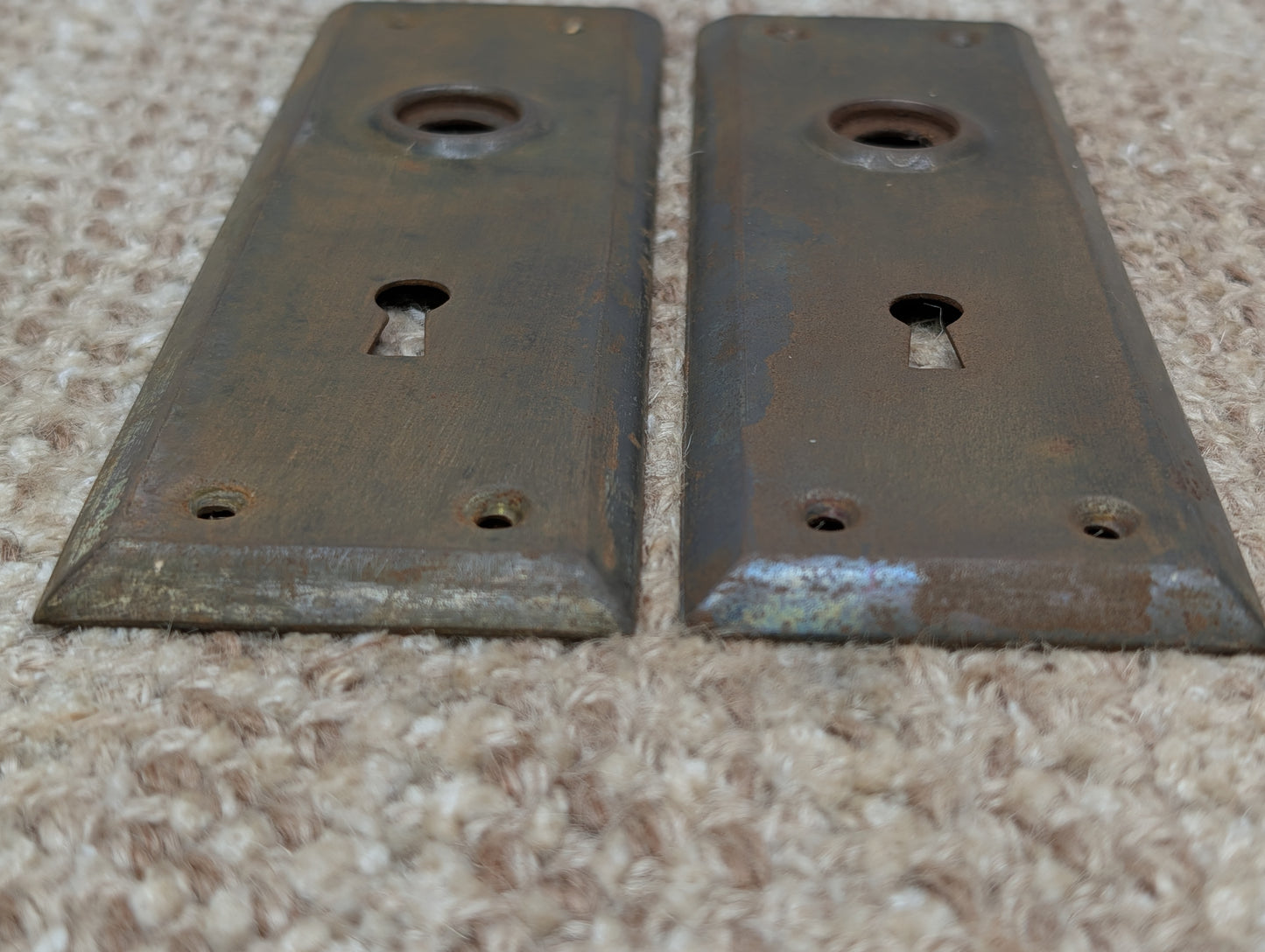 Pair 2 1/4" x 7" Antique Stamped Steel Door Knob Plates