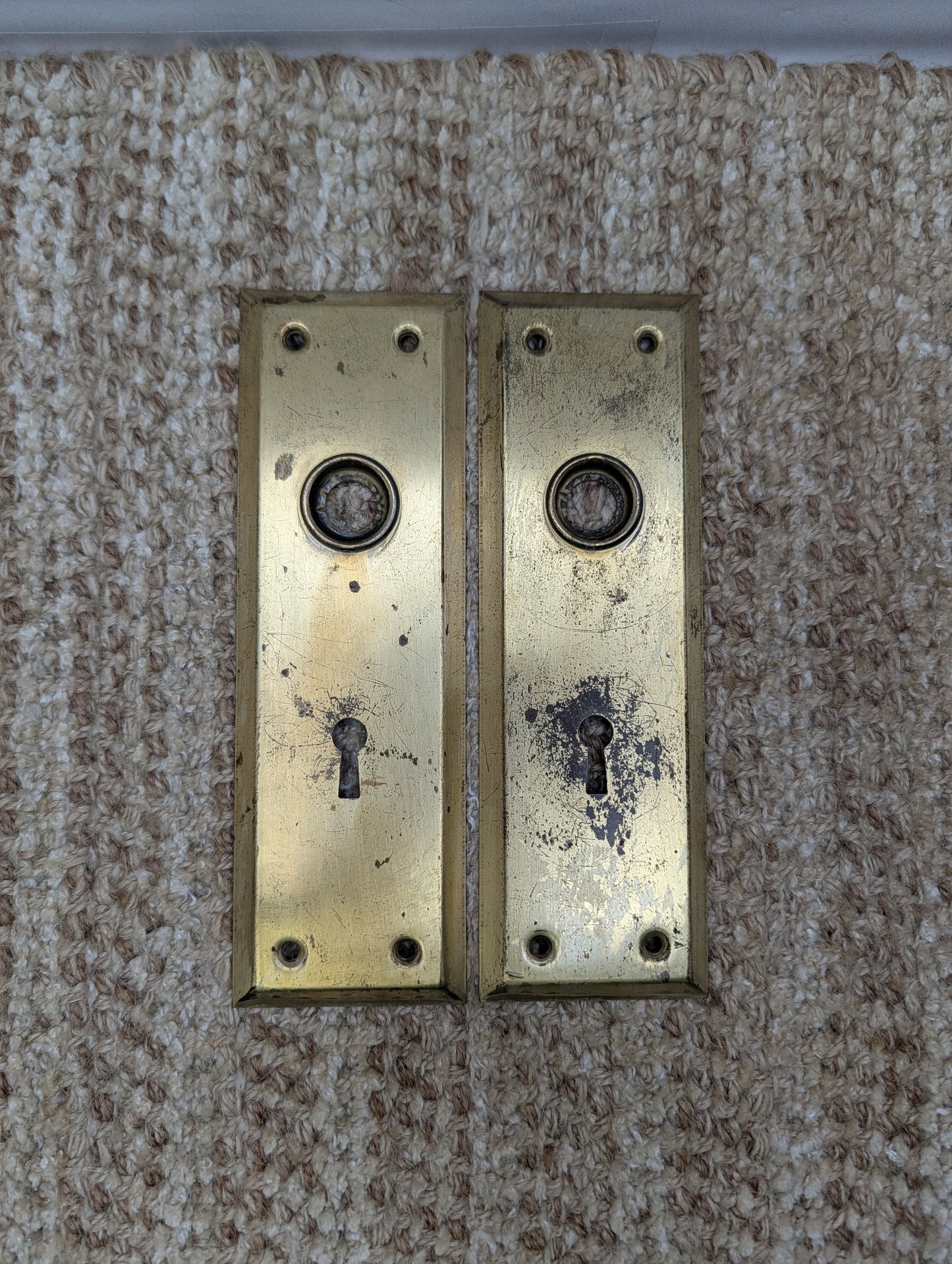 Pair 2 1/4" x 7" Antique Brass Plated Stamped Steel Door Knob Plates