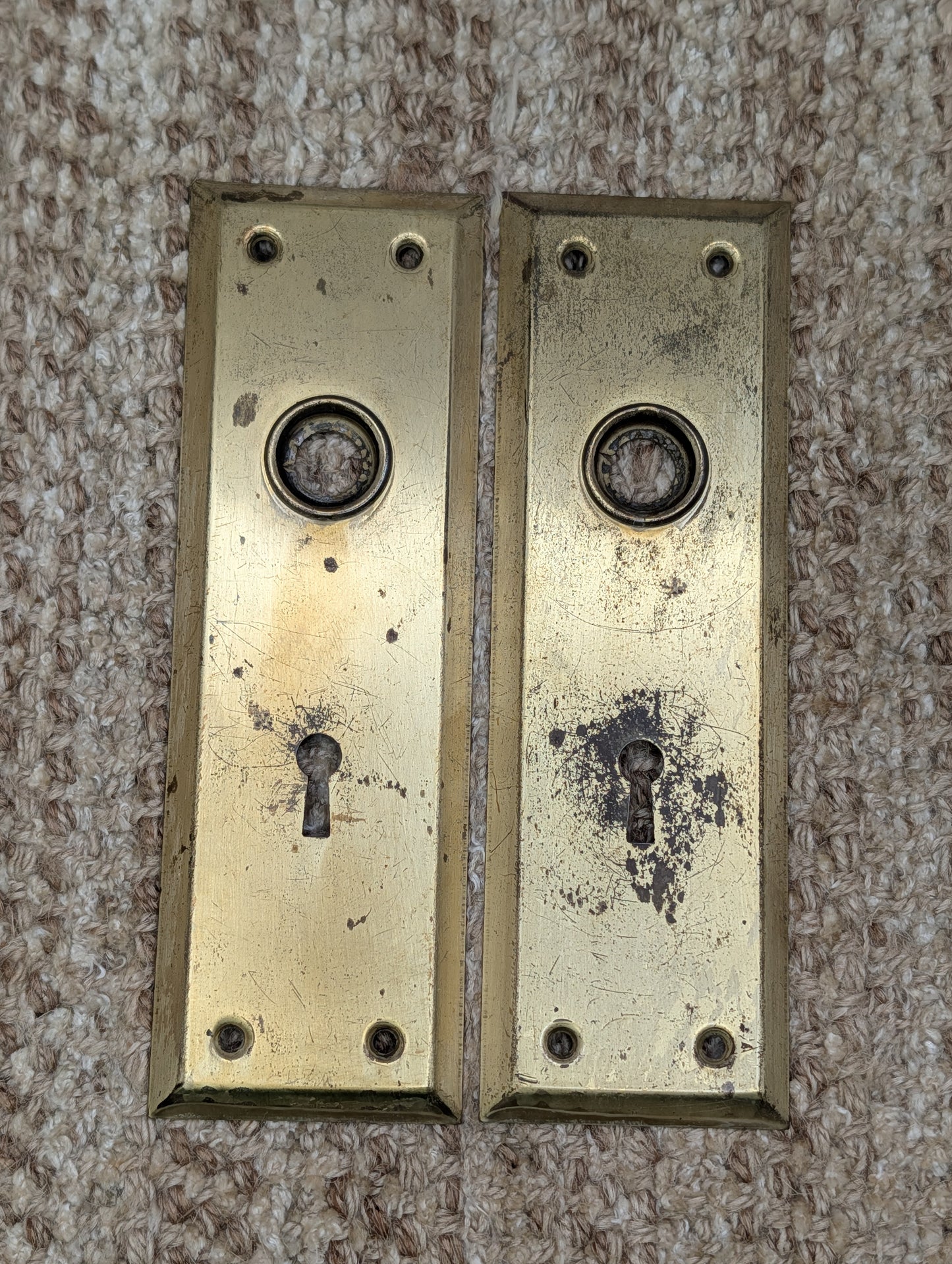 Pair 2 1/4" x 7" Antique Brass Plated Stamped Steel Door Knob Plates