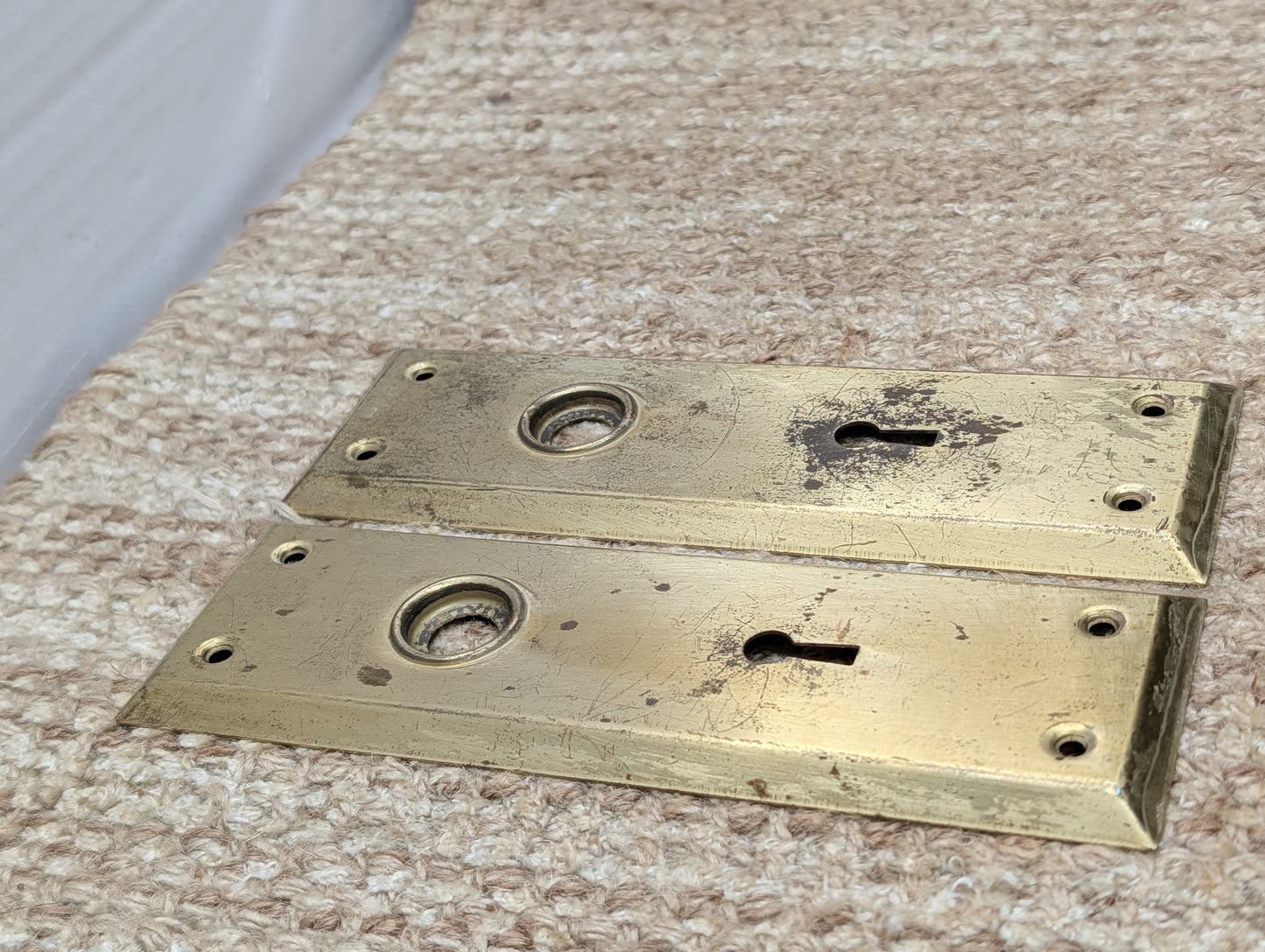 Pair 2 1/4" x 7" Antique Brass Plated Stamped Steel Door Knob Plates