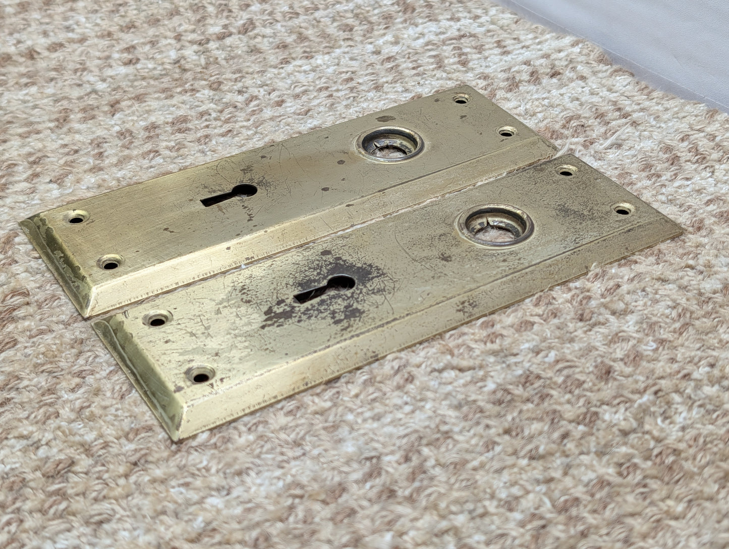 Pair 2 1/4" x 7" Antique Brass Plated Stamped Steel Door Knob Plates