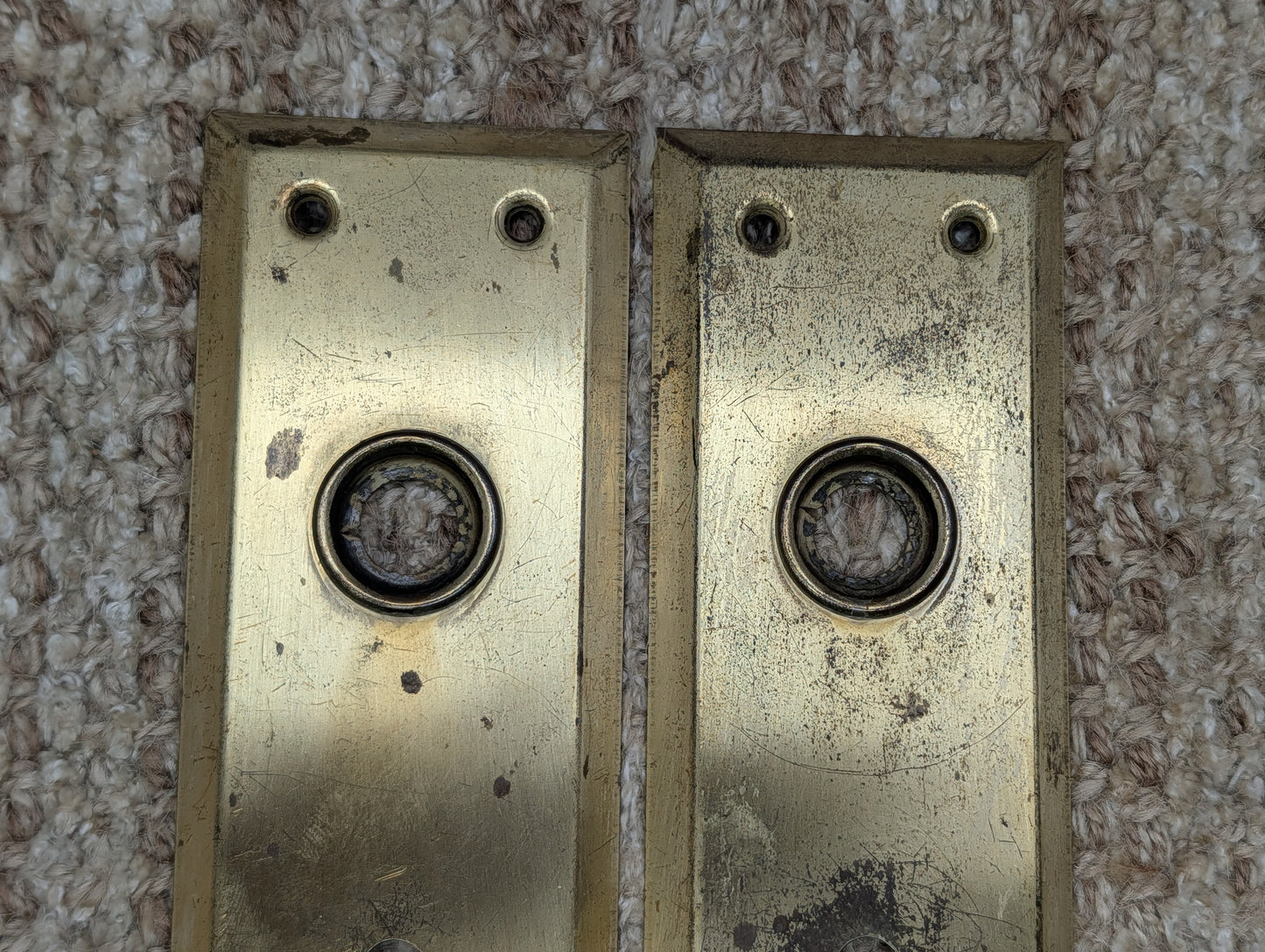 Pair 2 1/4" x 7" Antique Brass Plated Stamped Steel Door Knob Plates