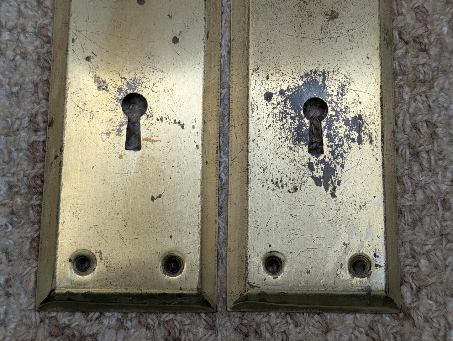 Pair 2 1/4" x 7" Antique Brass Plated Stamped Steel Door Knob Plates