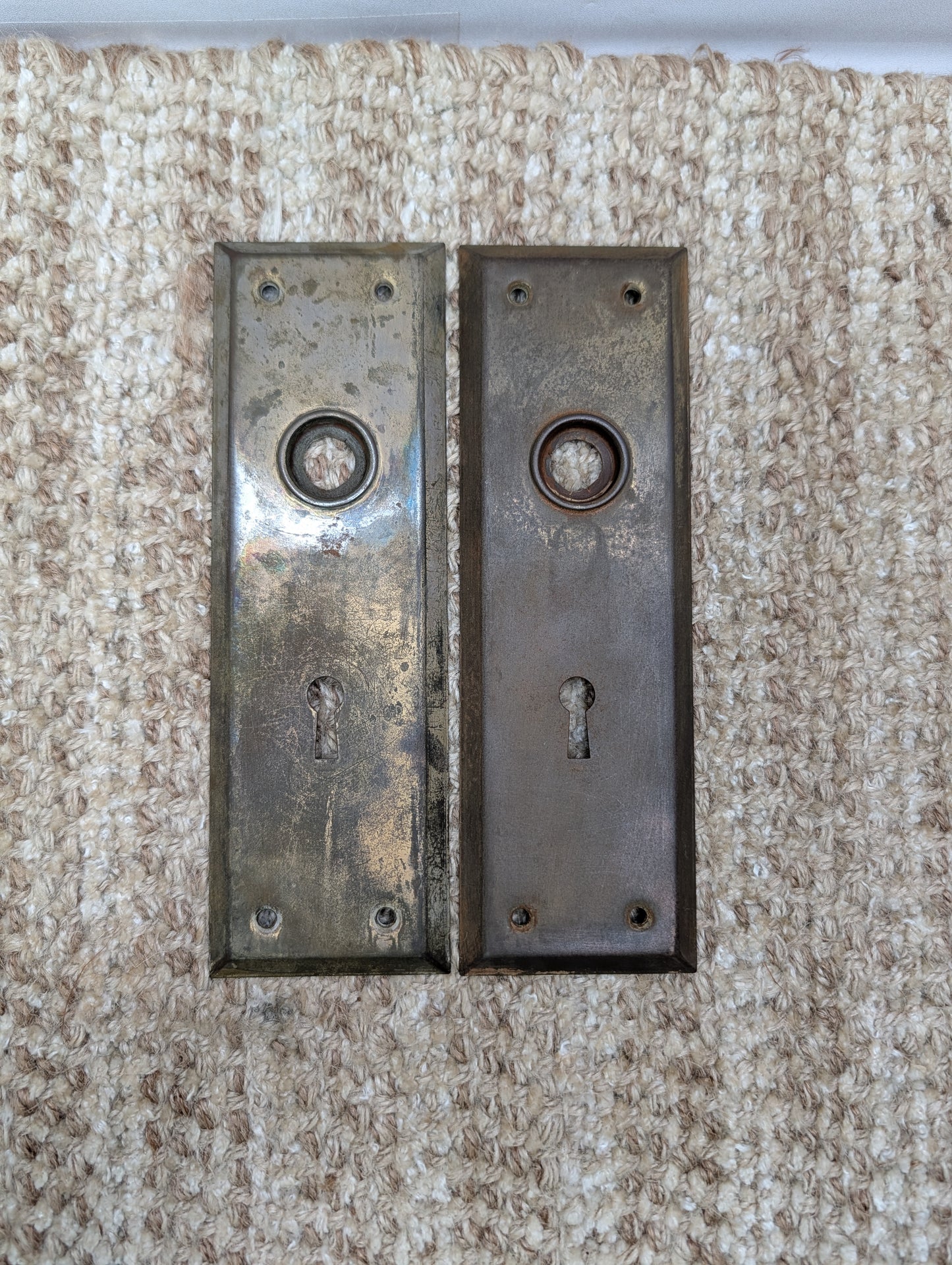 Pair 2 1/4" x 7" Antique Brass Plated Stamped Steel Door Knob Plates
