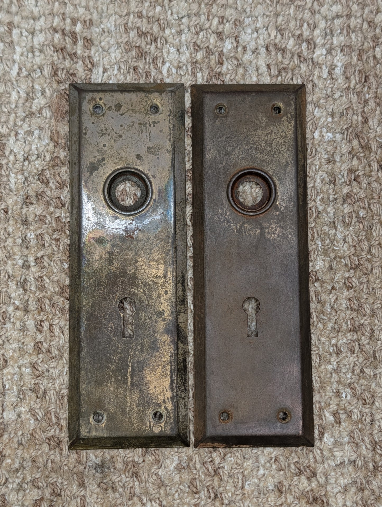 Pair 2 1/4" x 7" Antique Brass Plated Stamped Steel Door Knob Plates