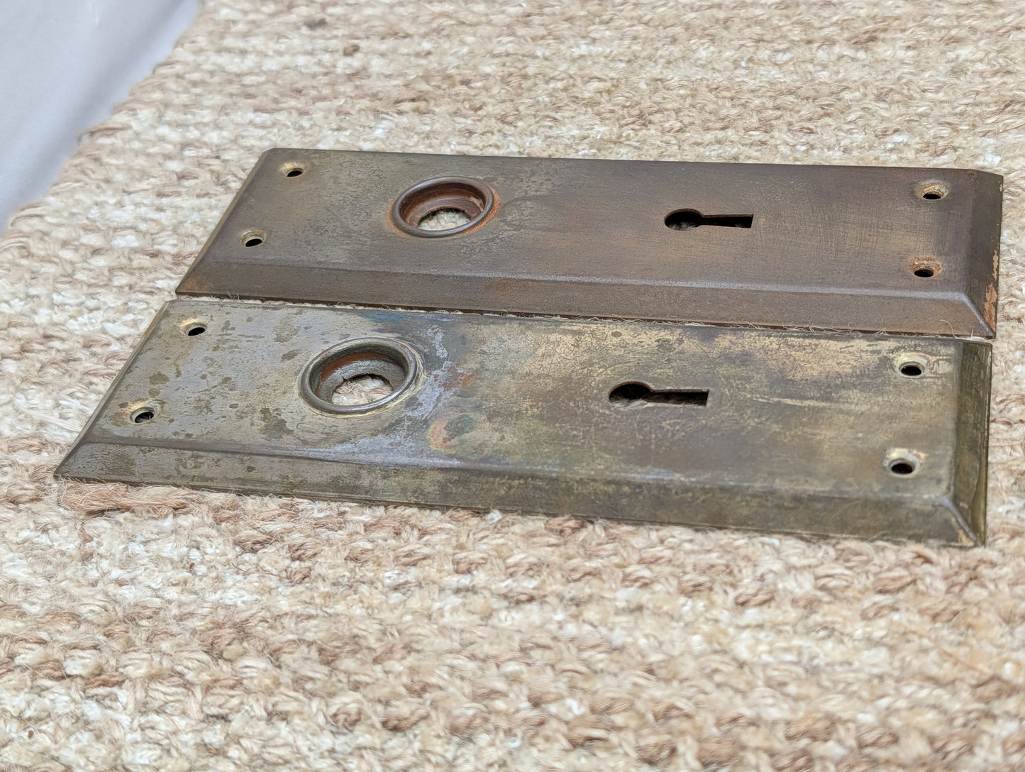 Pair 2 1/4" x 7" Antique Brass Plated Stamped Steel Door Knob Plates