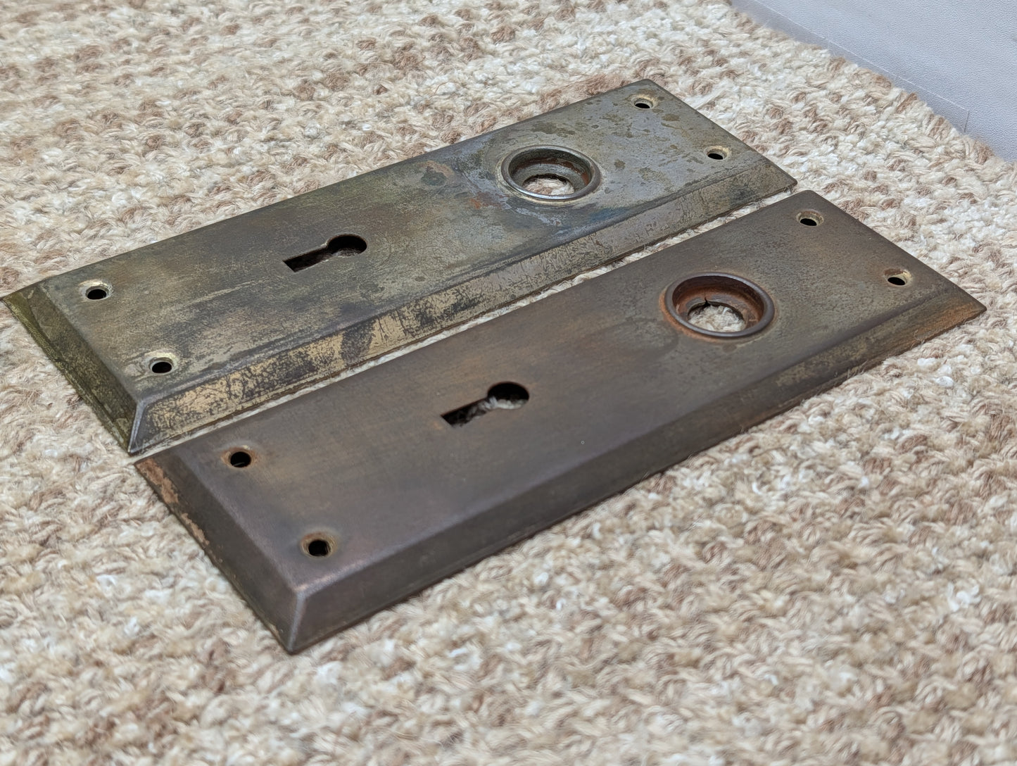 Pair 2 1/4" x 7" Antique Brass Plated Stamped Steel Door Knob Plates