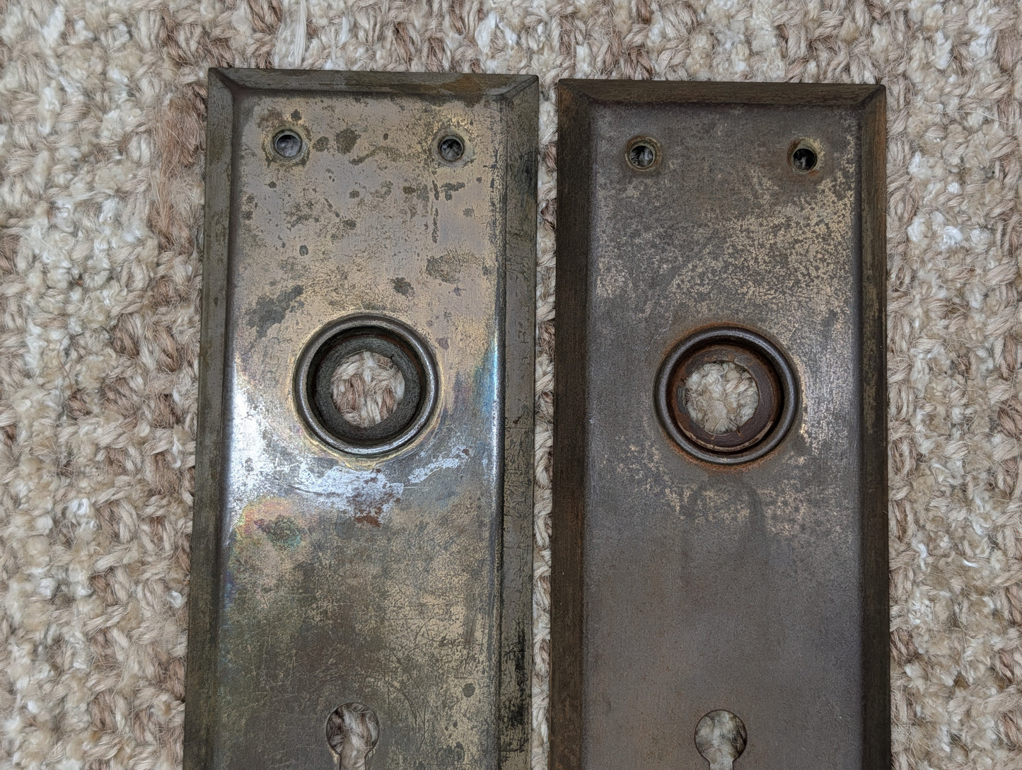 Pair 2 1/4" x 7" Antique Brass Plated Stamped Steel Door Knob Plates