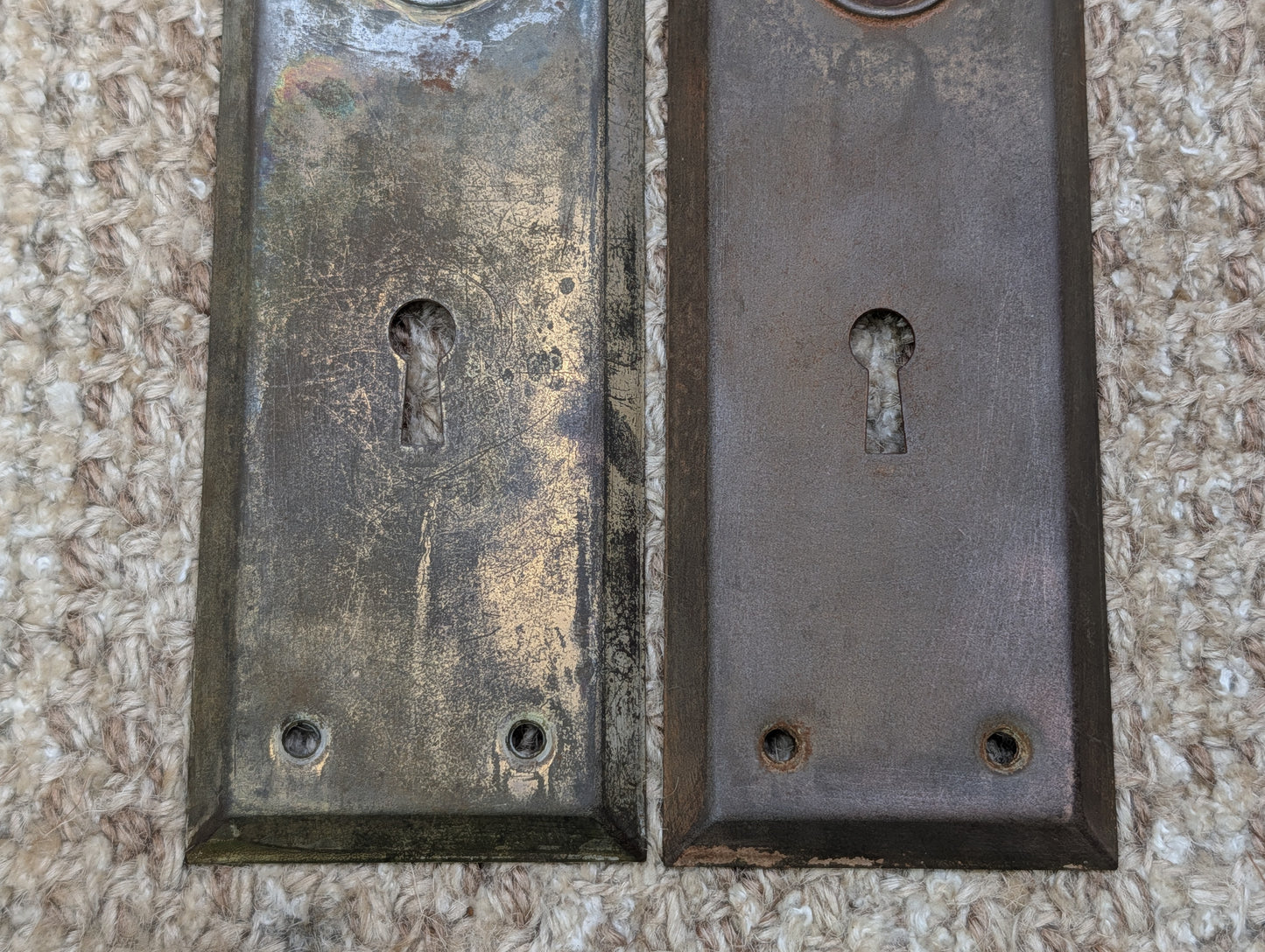 Pair 2 1/4" x 7" Antique Brass Plated Stamped Steel Door Knob Plates