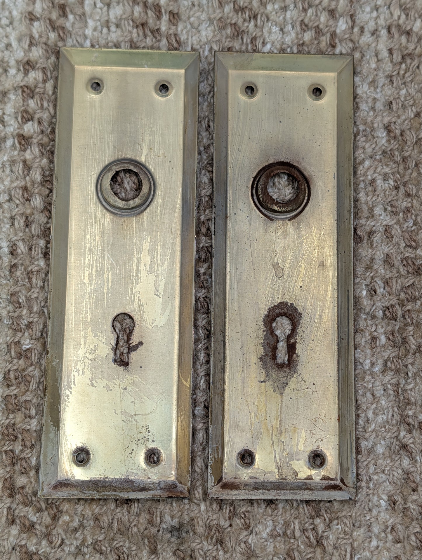 Pair 2 1/4" x 7" Antique Brass Plated Stamped Steel Door Knob Plates