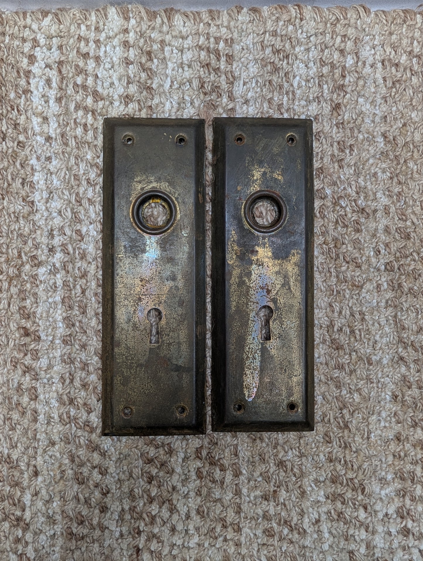 Pair 2 1/4" x 7" Antique Brass Plated Stamped Steel Door Knob Plates