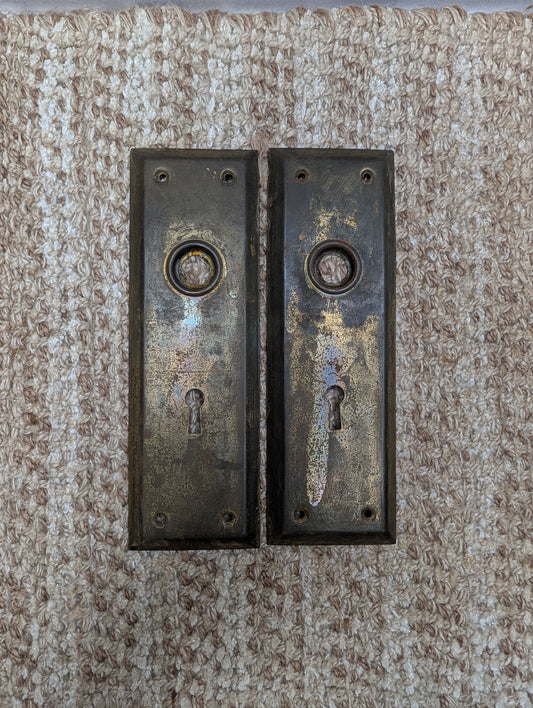 Pair 2 1/4" x 7" Antique Brass Plated Stamped Steel Door Knob Plates