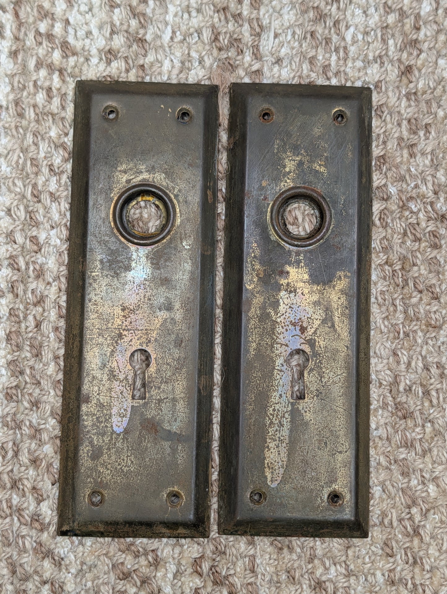 Pair 2 1/4" x 7" Antique Brass Plated Stamped Steel Door Knob Plates