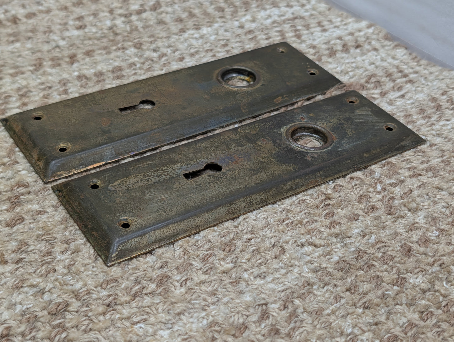 Pair 2 1/4" x 7" Antique Brass Plated Stamped Steel Door Knob Plates
