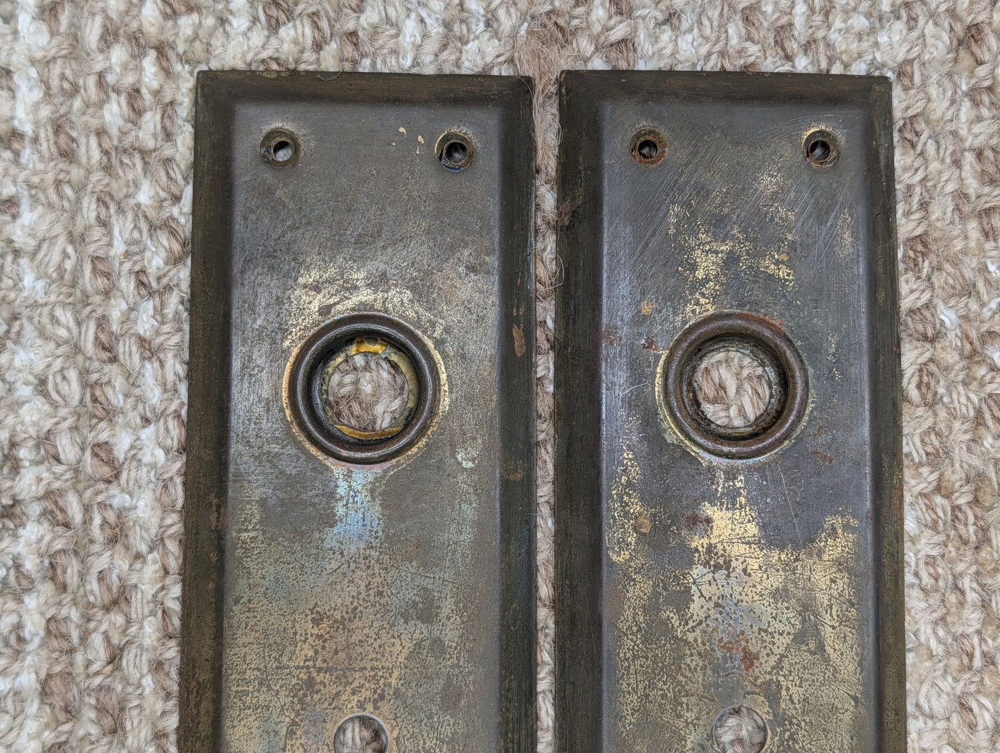 Pair 2 1/4" x 7" Antique Brass Plated Stamped Steel Door Knob Plates