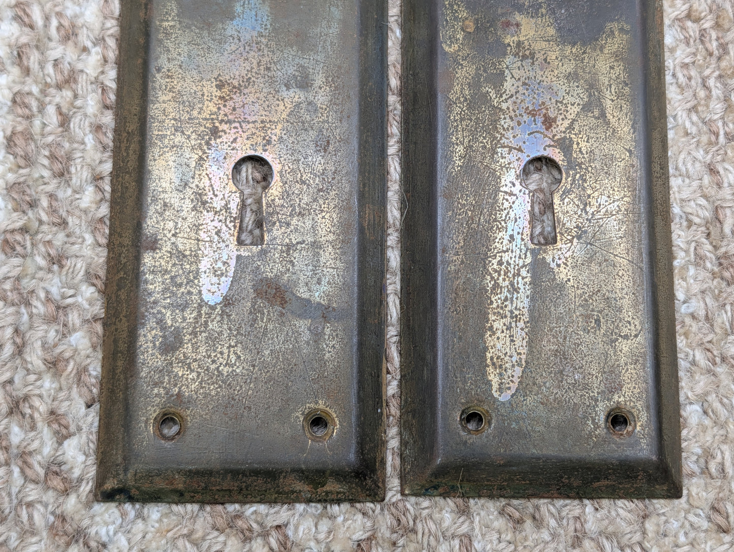 Pair 2 1/4" x 7" Antique Brass Plated Stamped Steel Door Knob Plates
