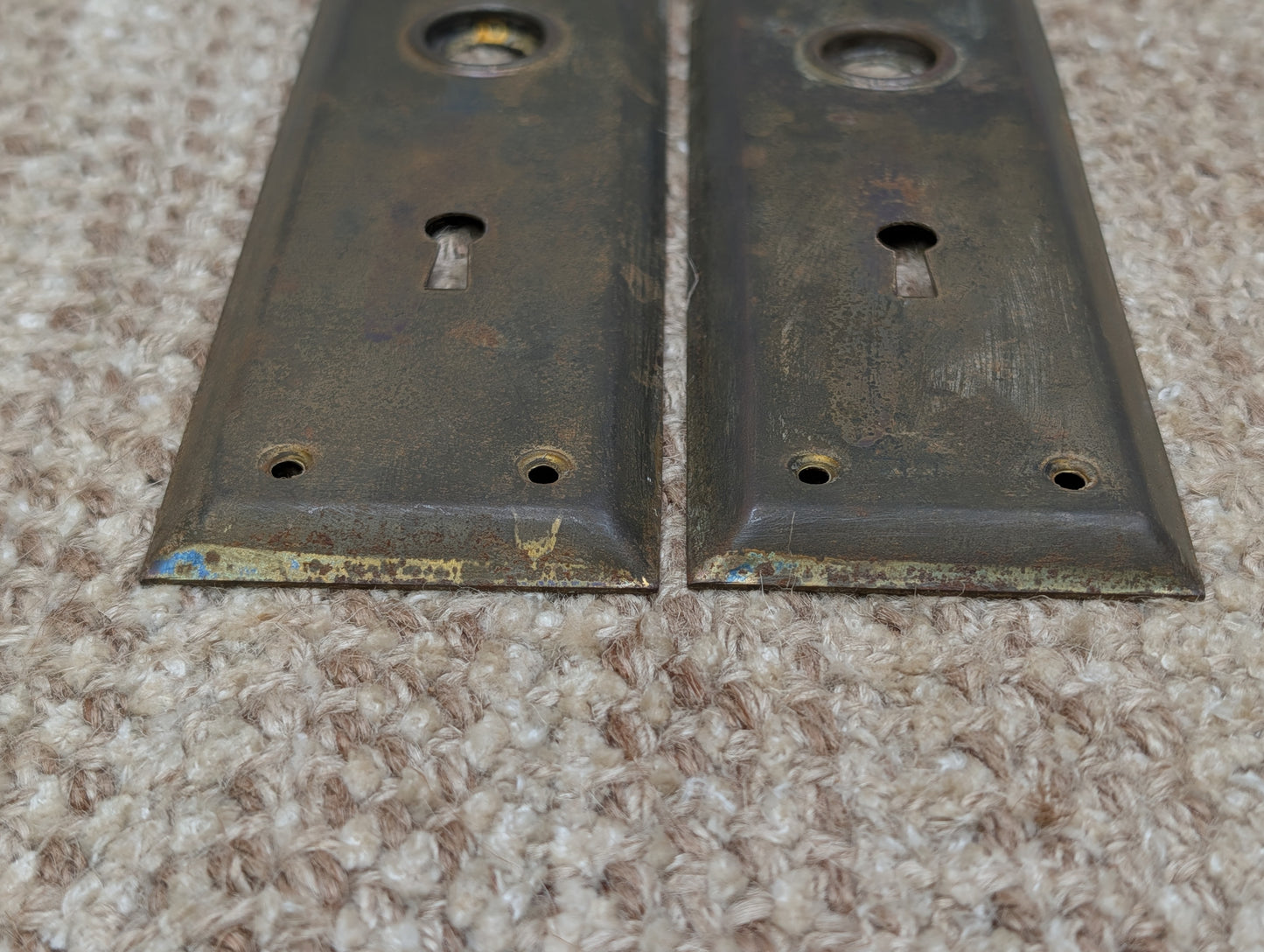 Pair 2 1/4" x 7" Antique Brass Plated Stamped Steel Door Knob Plates