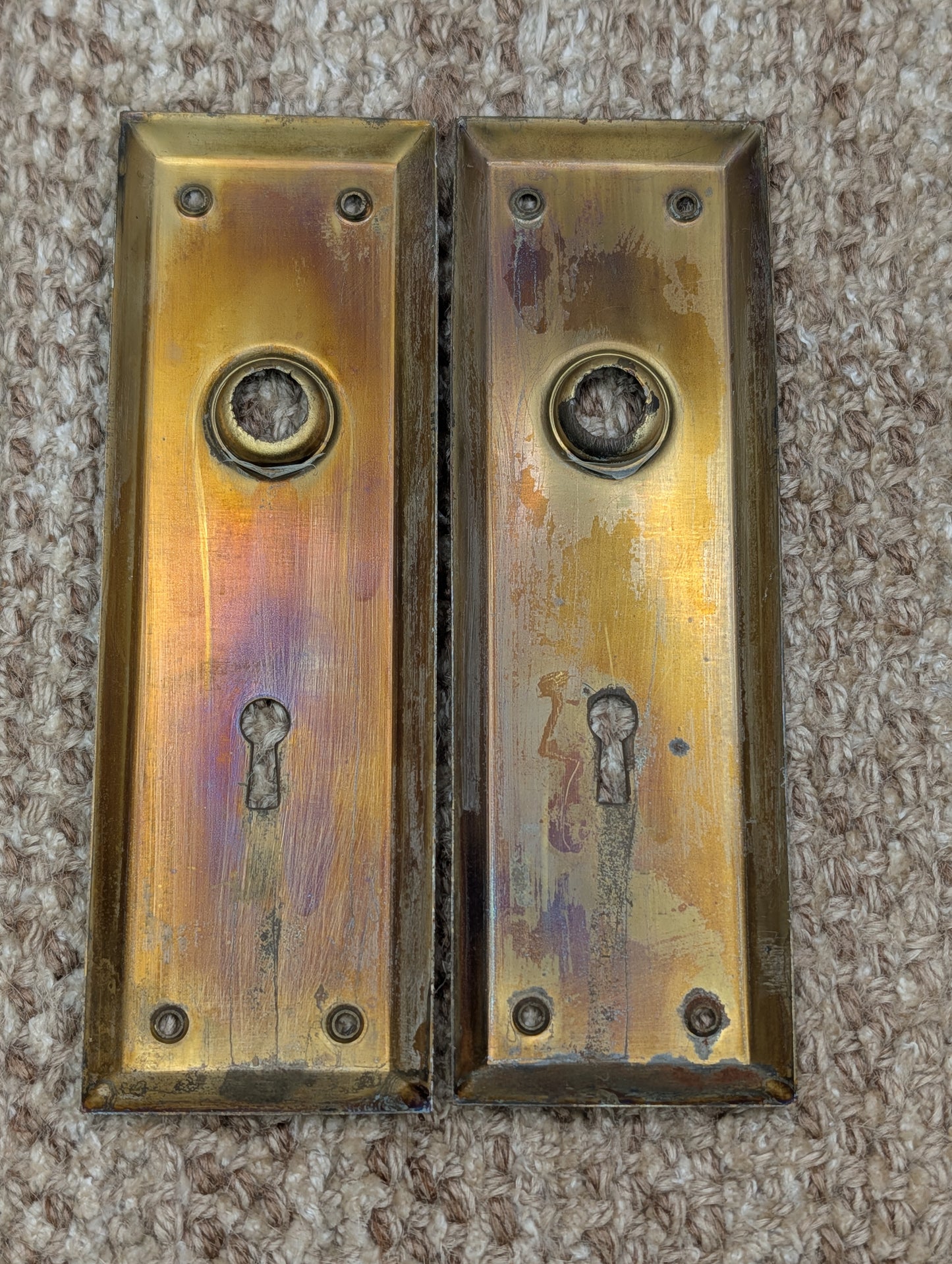 Pair 2 1/4" x 7" Antique Brass Plated Stamped Steel Door Knob Plates