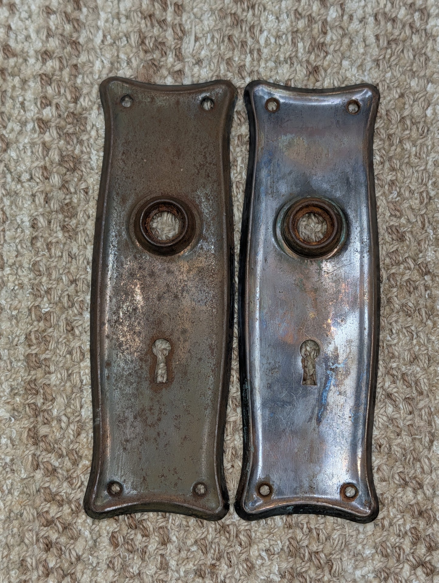 Pair 2 1/2" x 7 9/16" Antique Japanned Stamped Steel Door Knob Plates