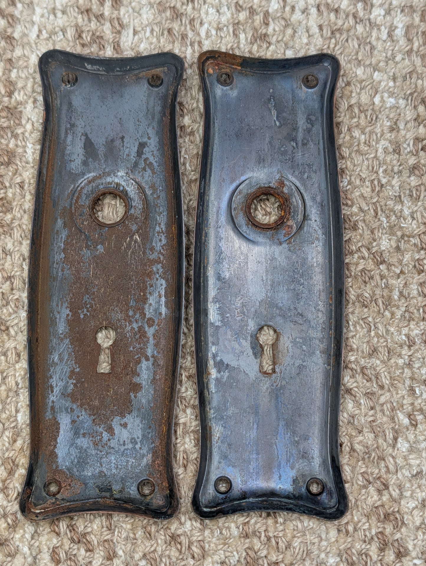 Pair 2 1/2" x 7 9/16" Antique Japanned Stamped Steel Door Knob Plates