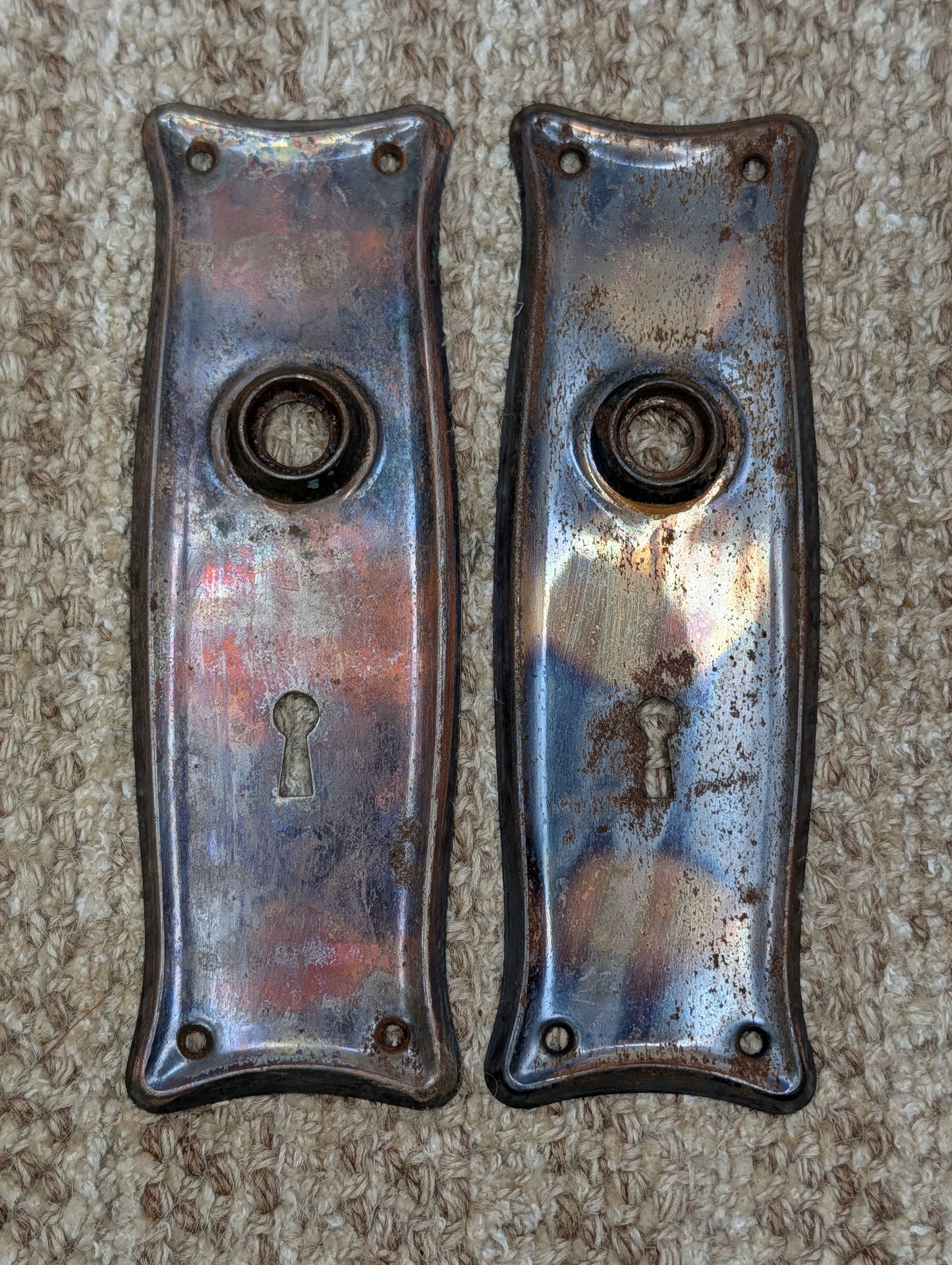 Pair 2 1/2" x 7 9/16" Antique Japanned Stamped Steel Door Knob Plates