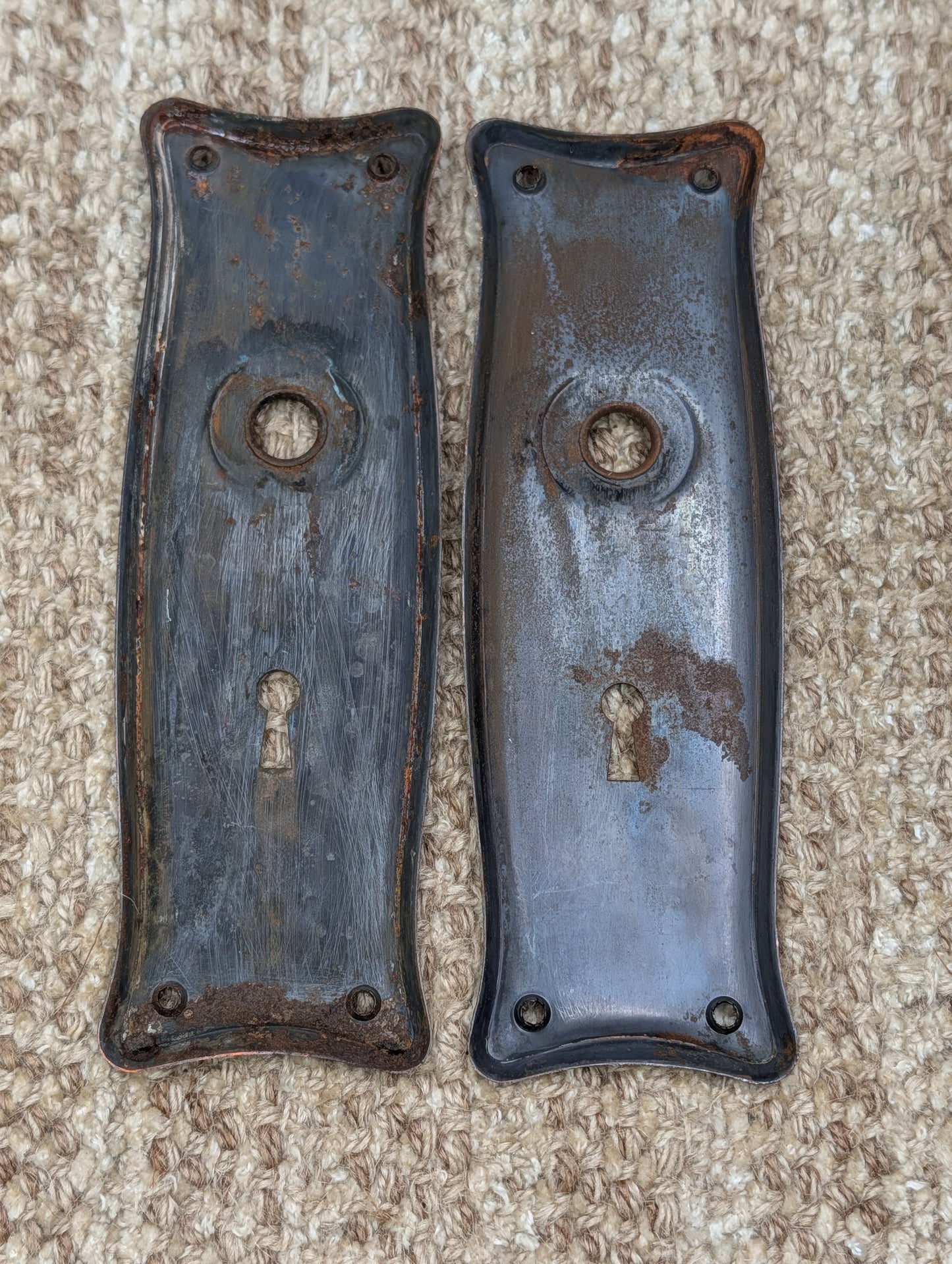 Pair 2 1/2" x 7 9/16" Antique Japanned Stamped Steel Door Knob Plates