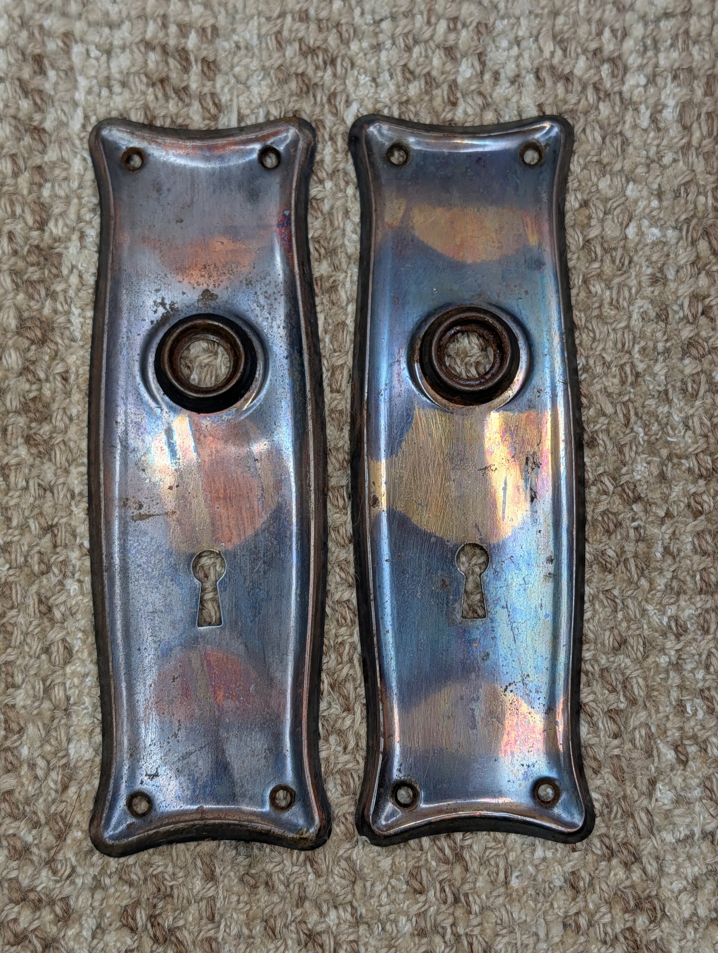 Pair 2 1/2" x 7 9/16" Antique Japanned Stamped Steel Door Knob Plates