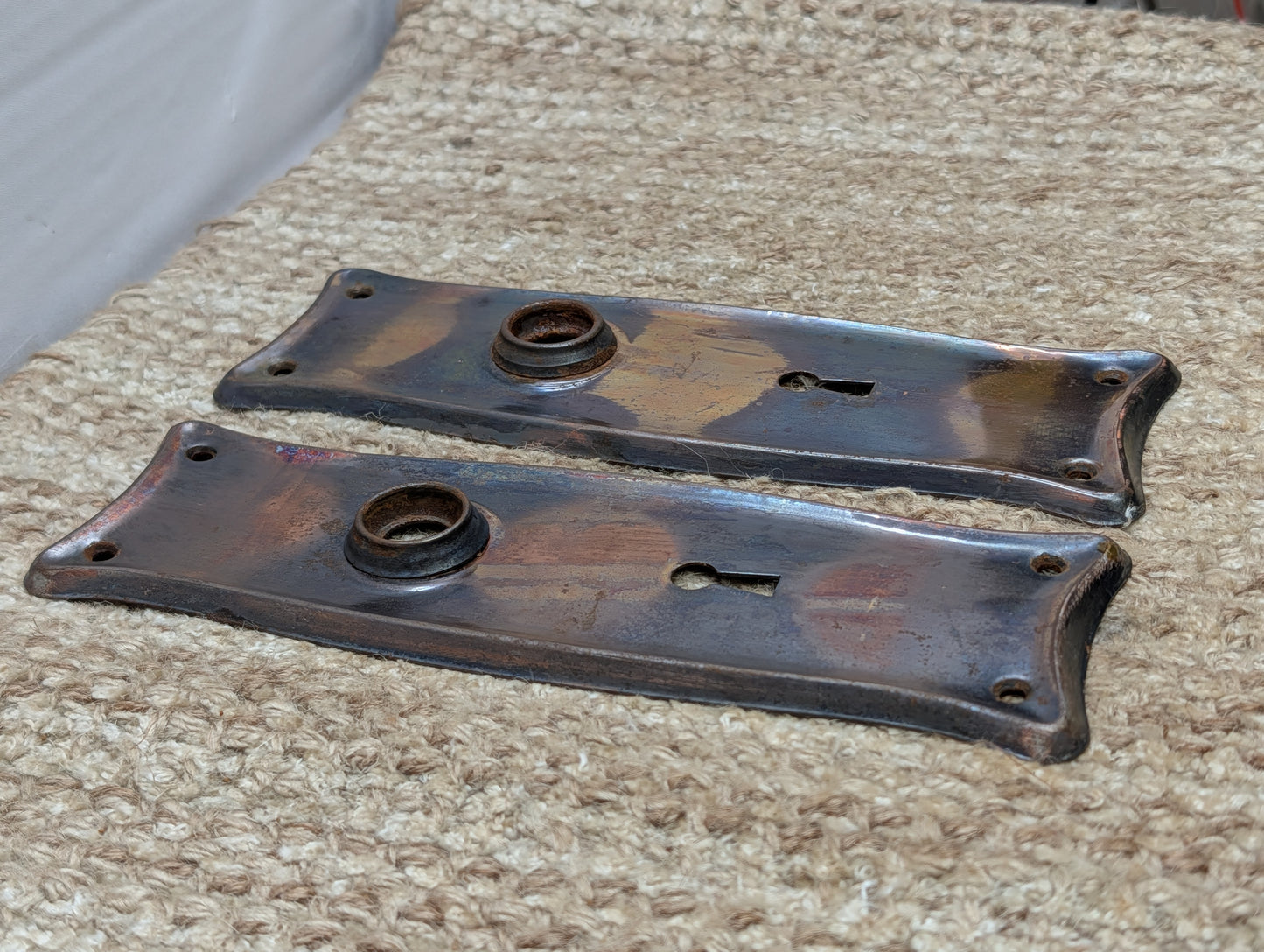 Pair 2 1/2" x 7 9/16" Antique Japanned Stamped Steel Door Knob Plates