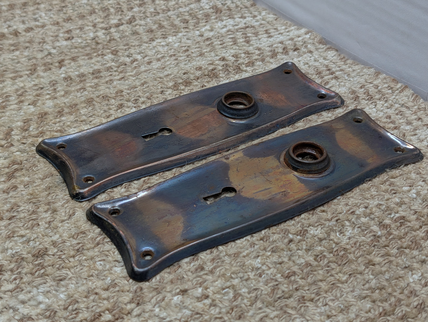Pair 2 1/2" x 7 9/16" Antique Japanned Stamped Steel Door Knob Plates