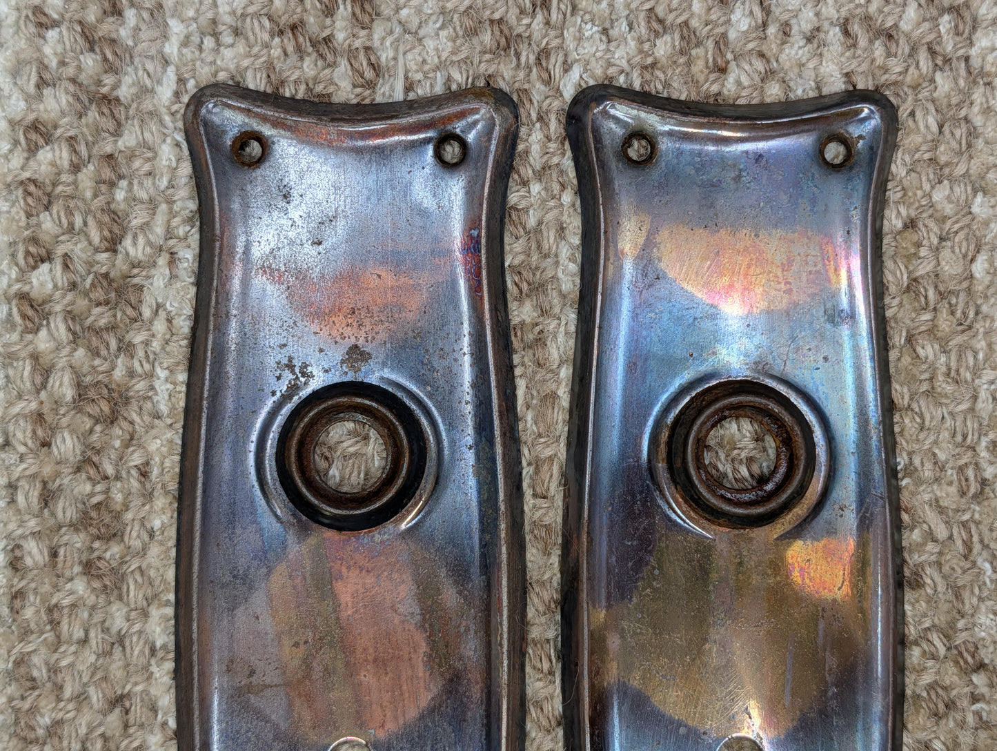 Pair 2 1/2" x 7 9/16" Antique Japanned Stamped Steel Door Knob Plates