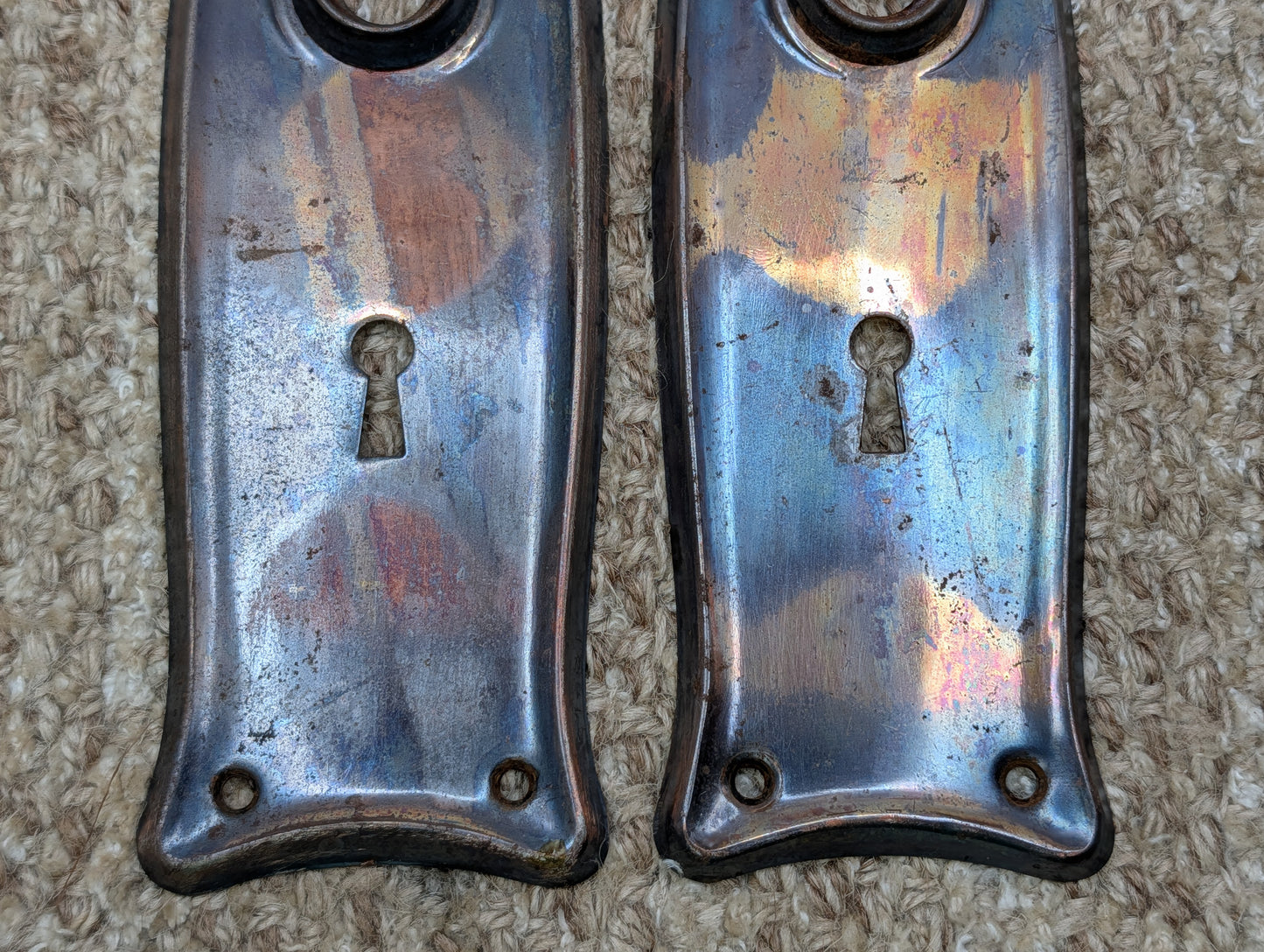 Pair 2 1/2" x 7 9/16" Antique Japanned Stamped Steel Door Knob Plates