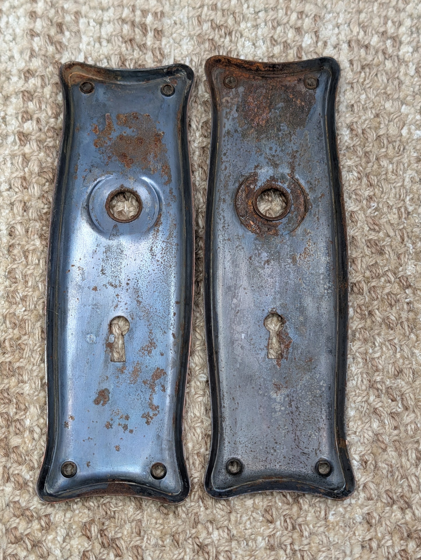 Pair 2 1/2" x 7 9/16" Antique Japanned Stamped Steel Door Knob Plates