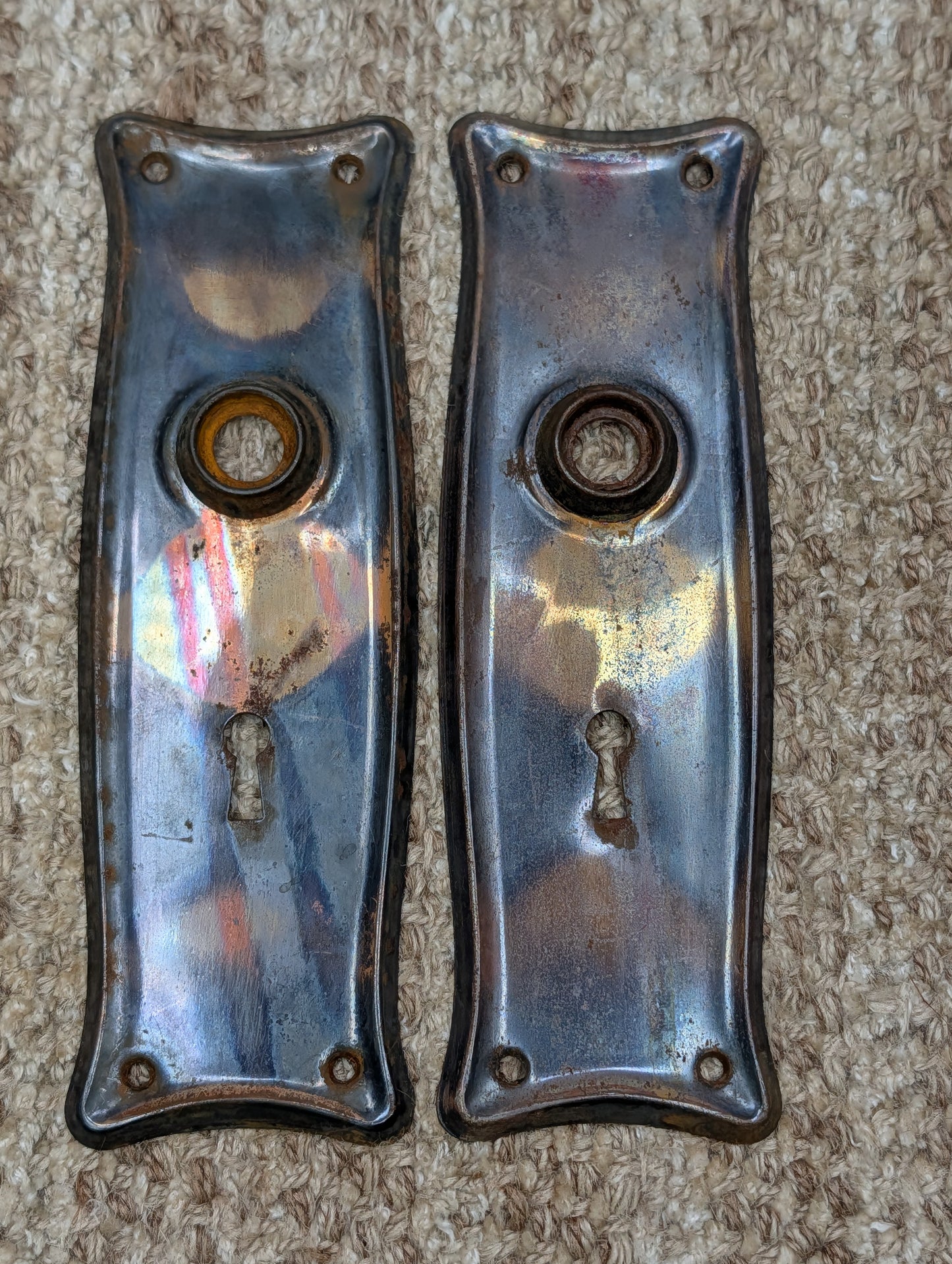 Pair 2 1/2" x 7 9/16" Antique Japanned Stamped Steel Door Knob Plates