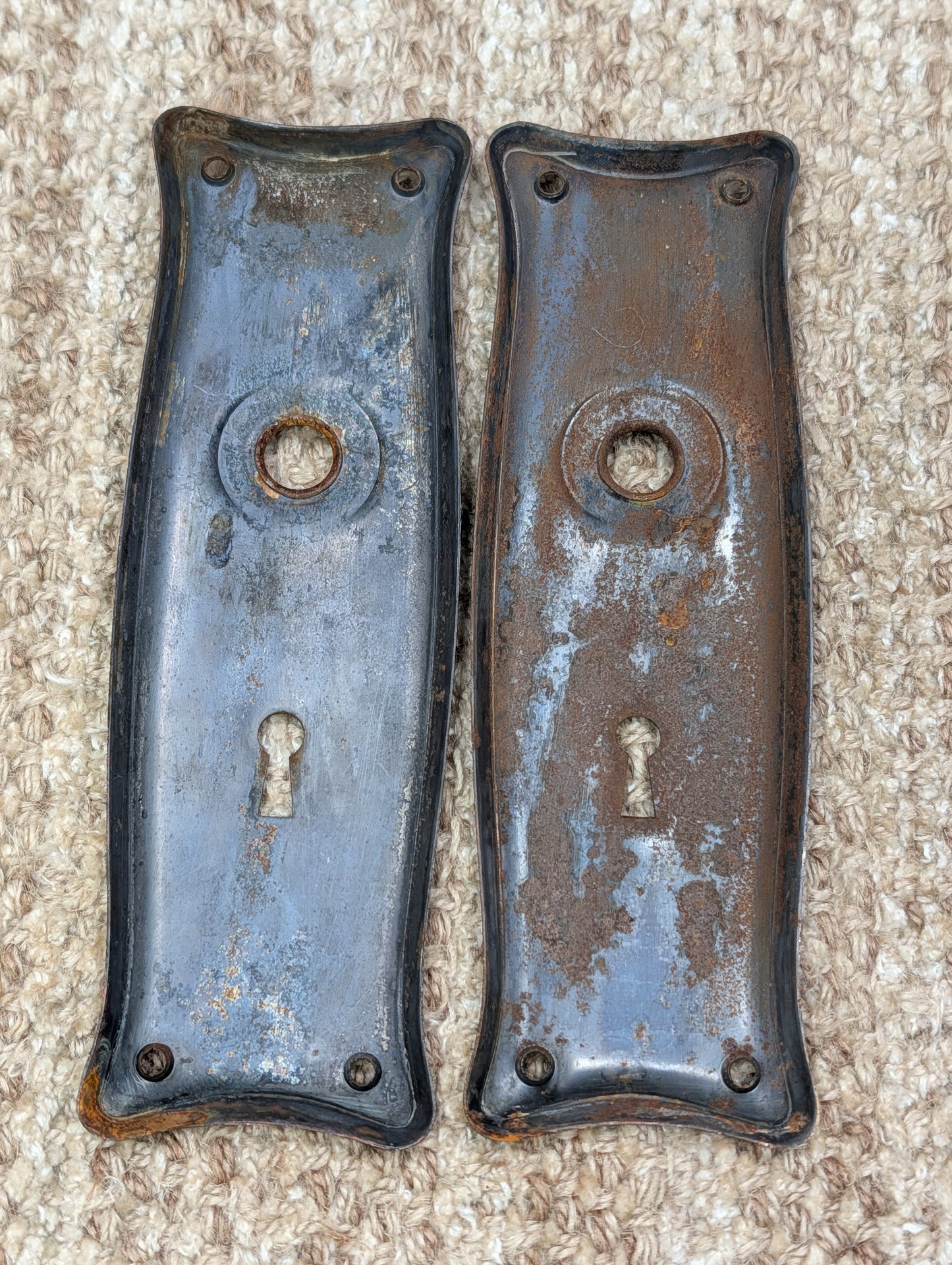 Pair 2 1/2" x 7 9/16" Antique Japanned Stamped Steel Door Knob Plates