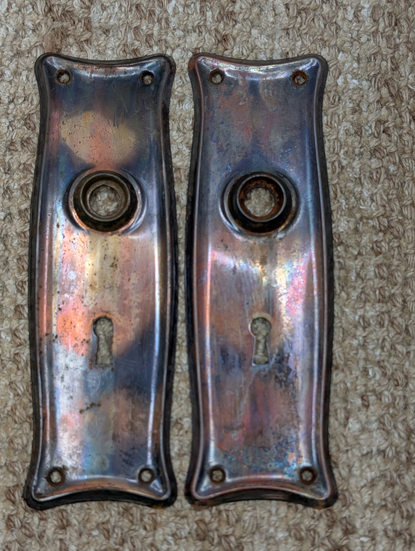 Pair 2 1/2" x 7 9/16" Antique Japanned Stamped Steel Door Knob Plates