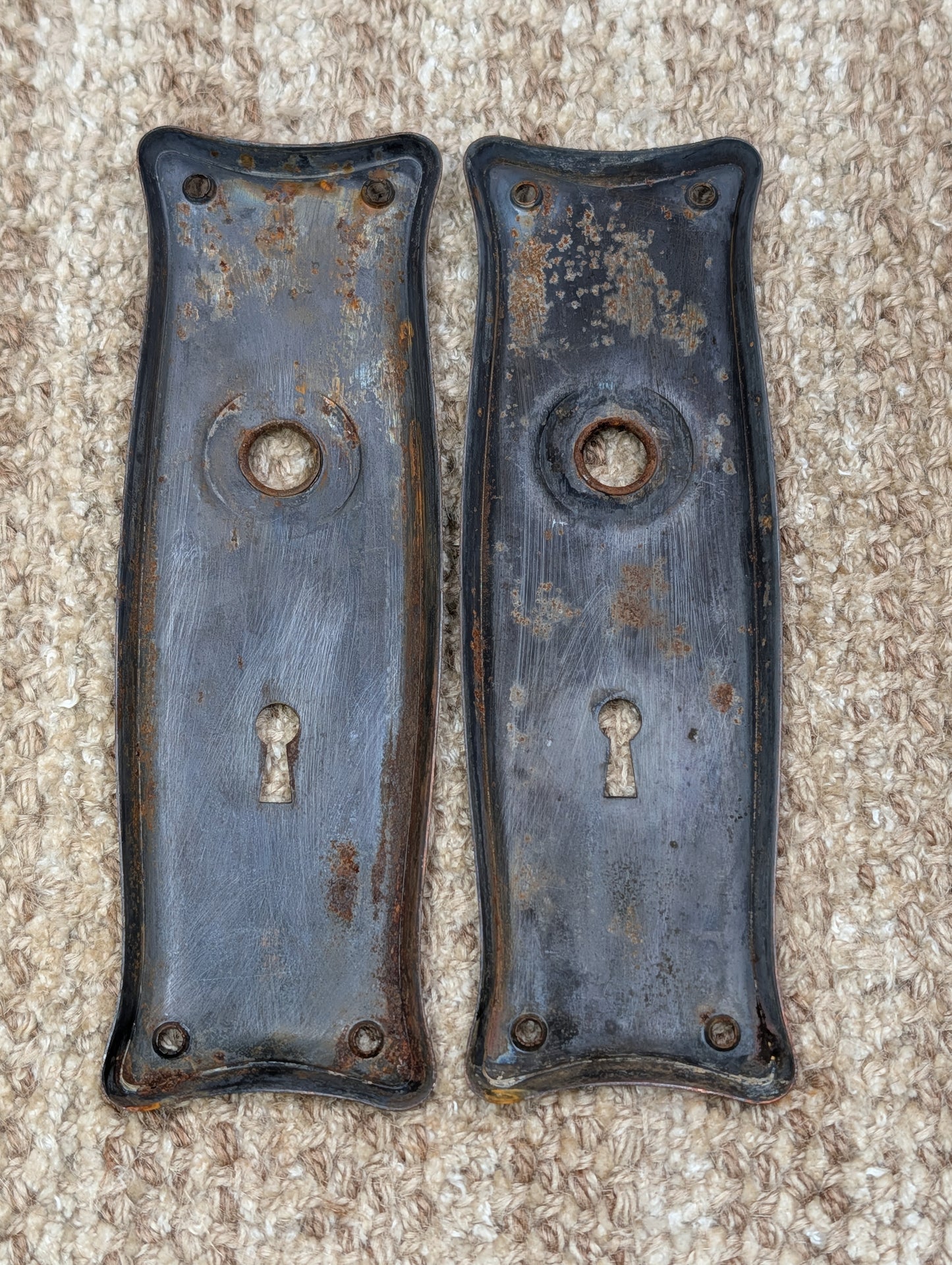 Pair 2 1/2" x 7 9/16" Antique Japanned Stamped Steel Door Knob Plates