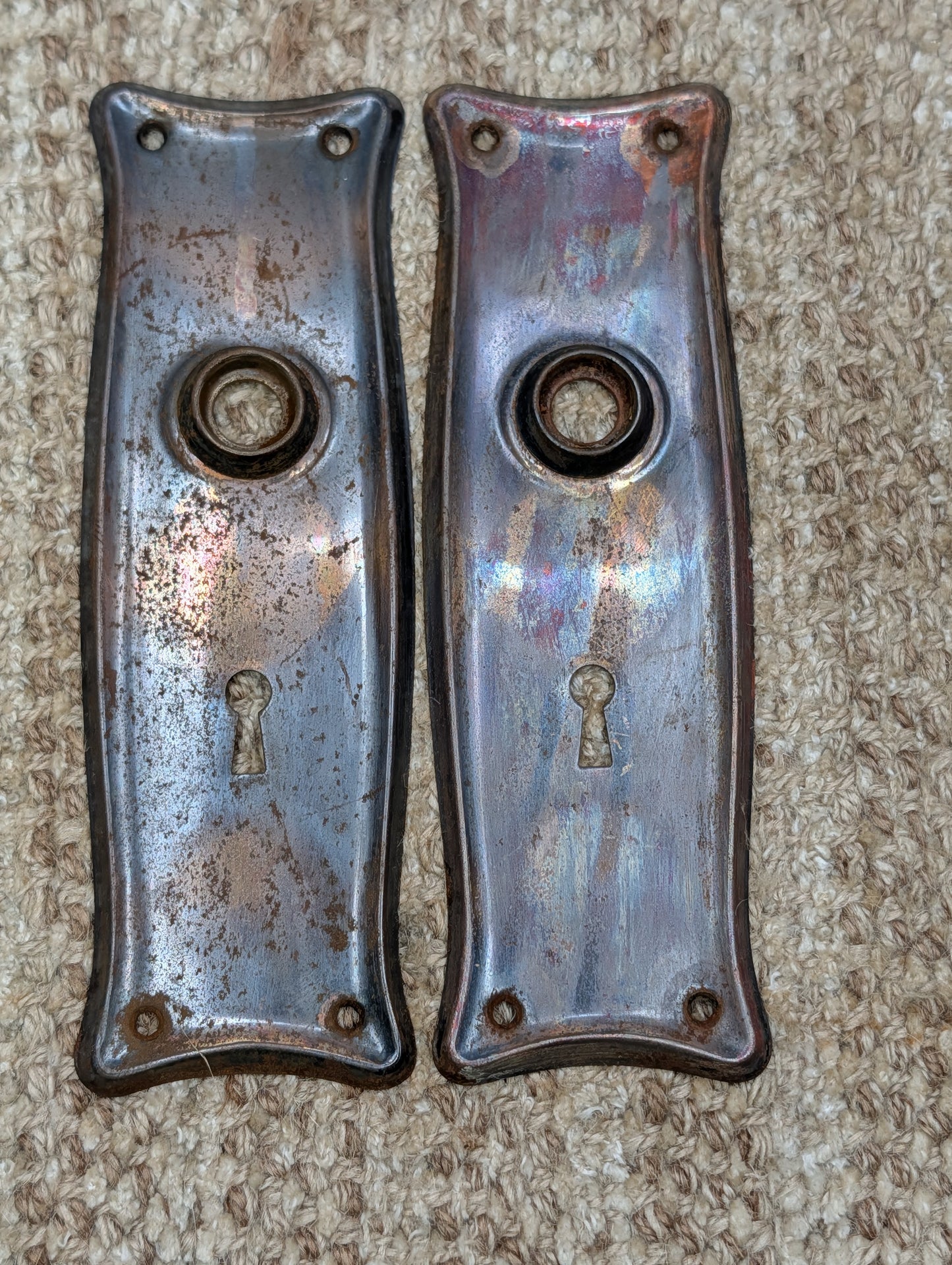 Pair 2 1/2" x 7 9/16" Antique Japanned Stamped Steel Door Knob Plates