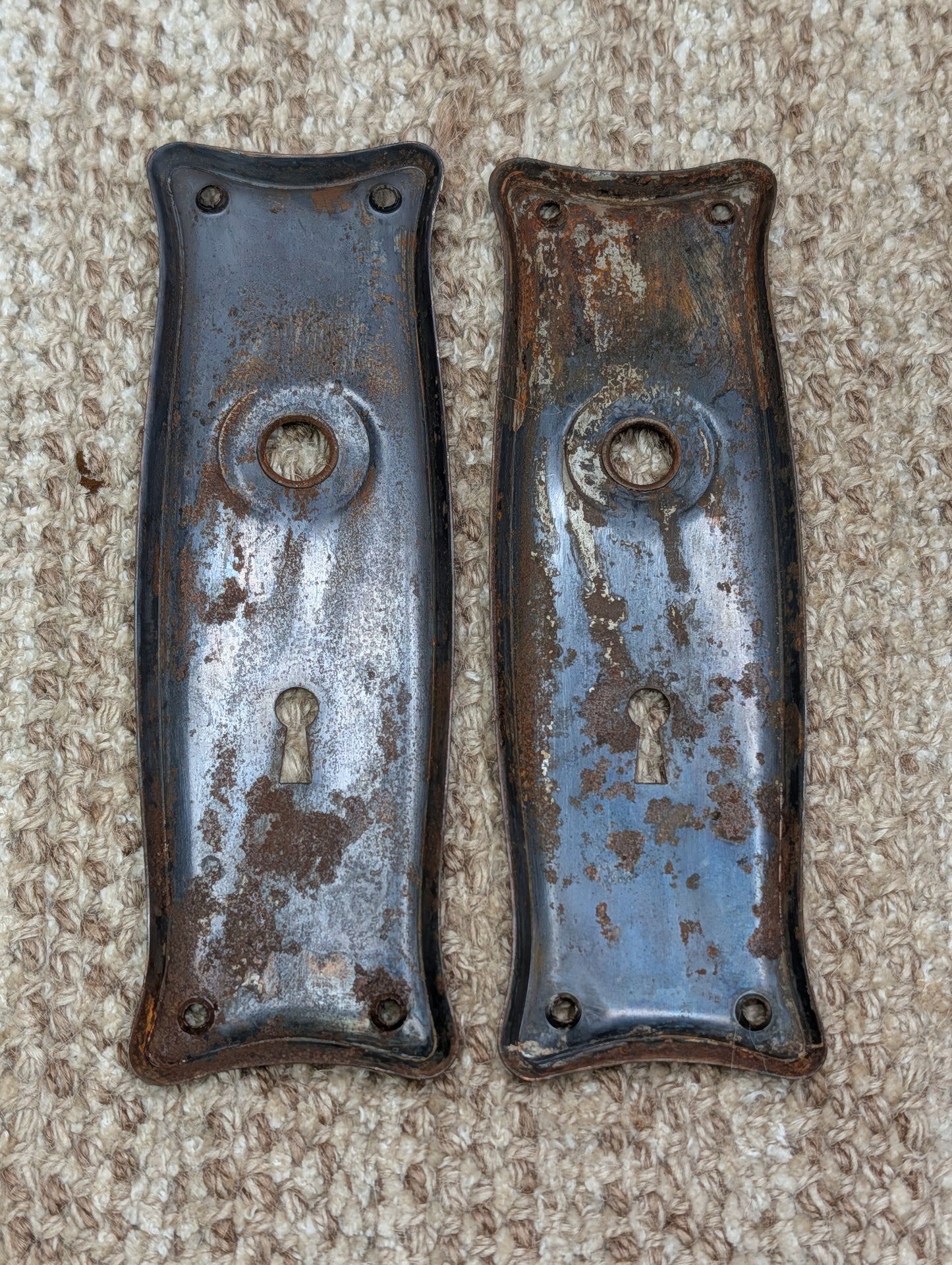 Pair 2 1/2" x 7 9/16" Antique Japanned Stamped Steel Door Knob Plates