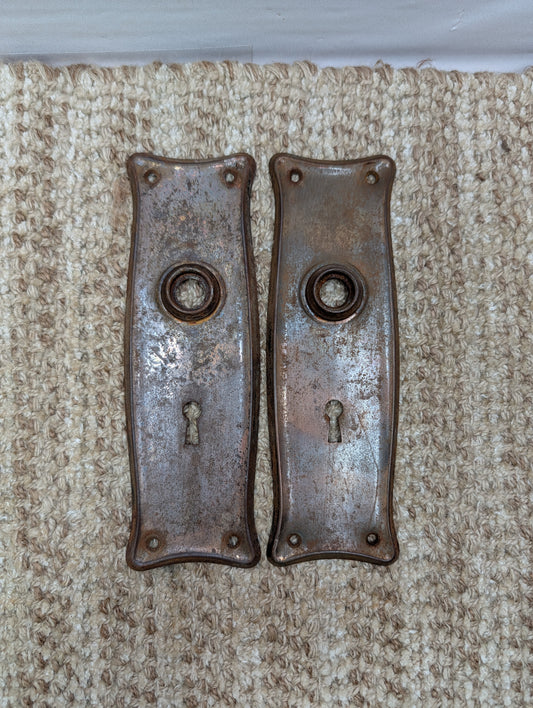 Pair 2 1/2" x 7 11/16" Antique Japanned Stamped Steel Door Knob Plates