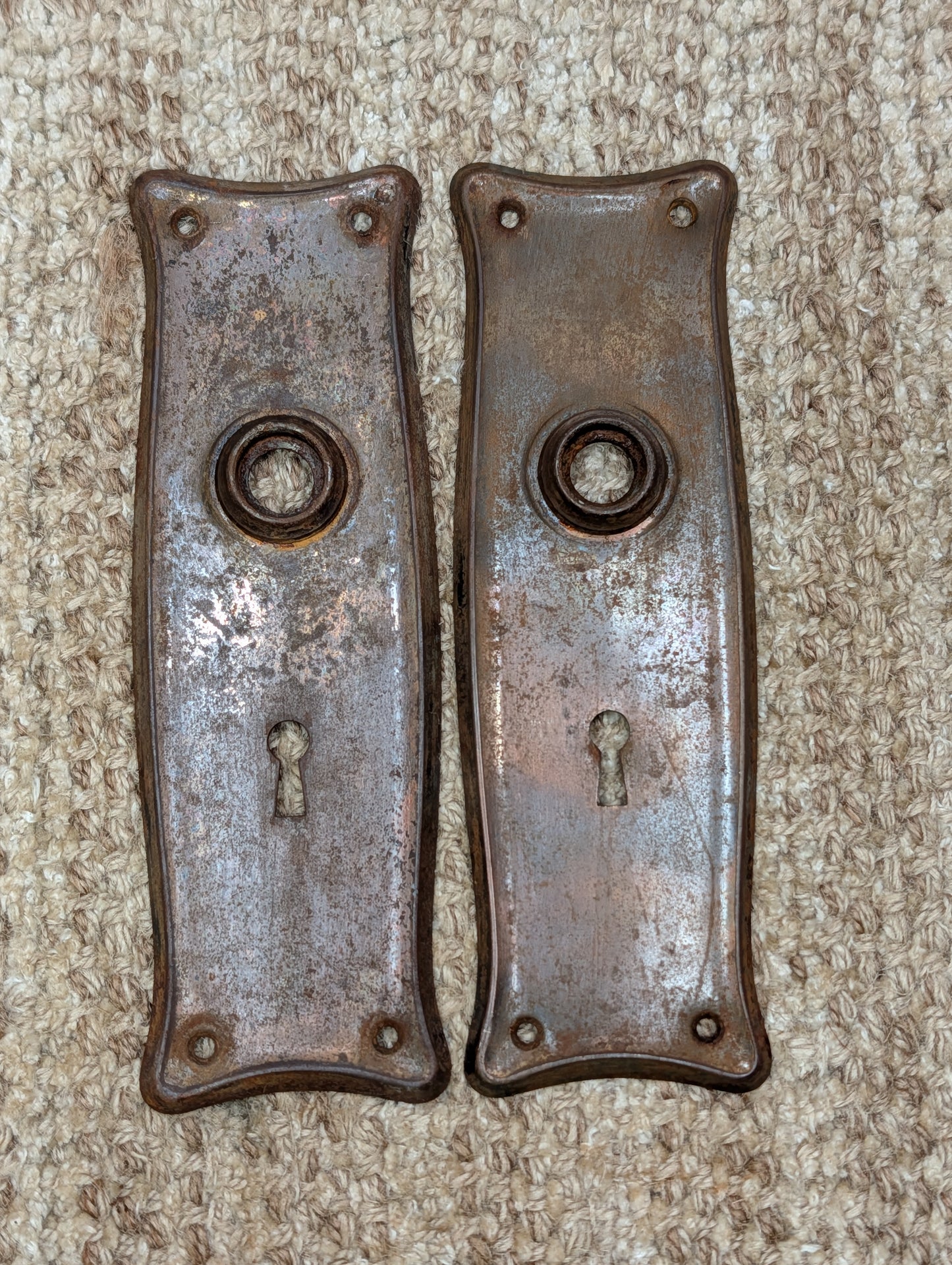 Pair 2 1/2" x 7 11/16" Antique Japanned Stamped Steel Door Knob Plates