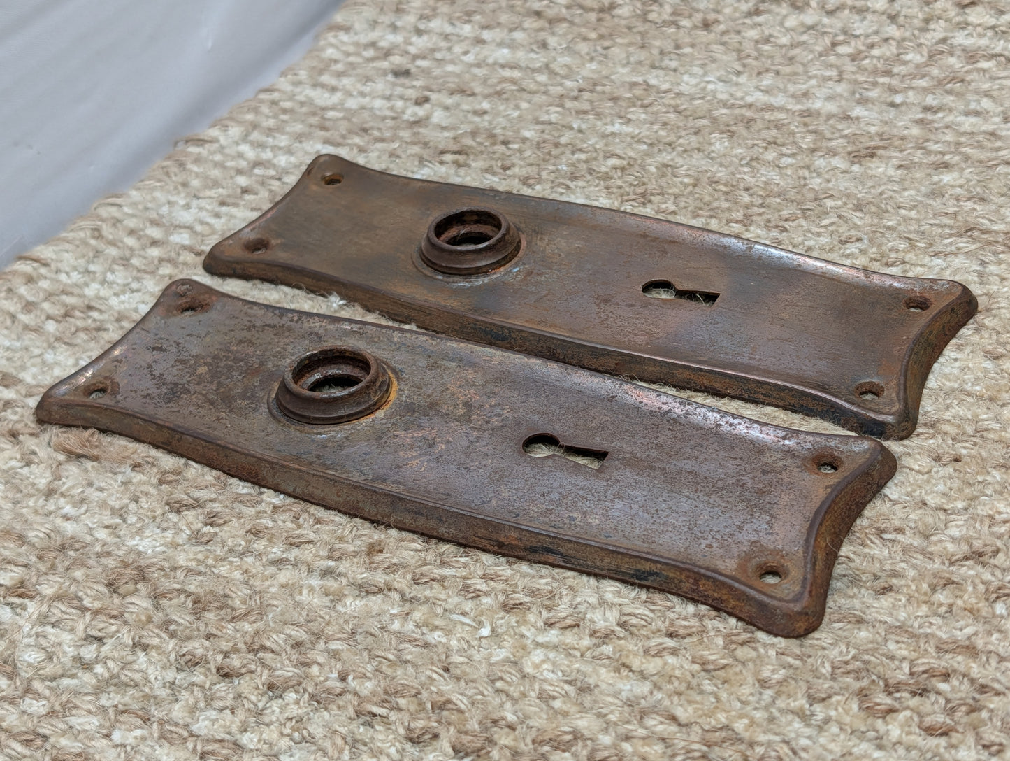 Pair 2 1/2" x 7 11/16" Antique Japanned Stamped Steel Door Knob Plates