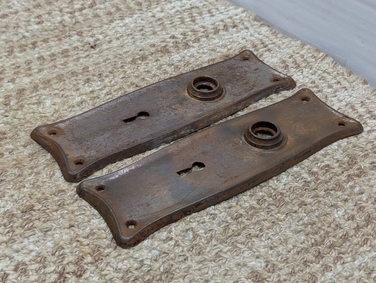 Pair 2 1/2" x 7 11/16" Antique Japanned Stamped Steel Door Knob Plates