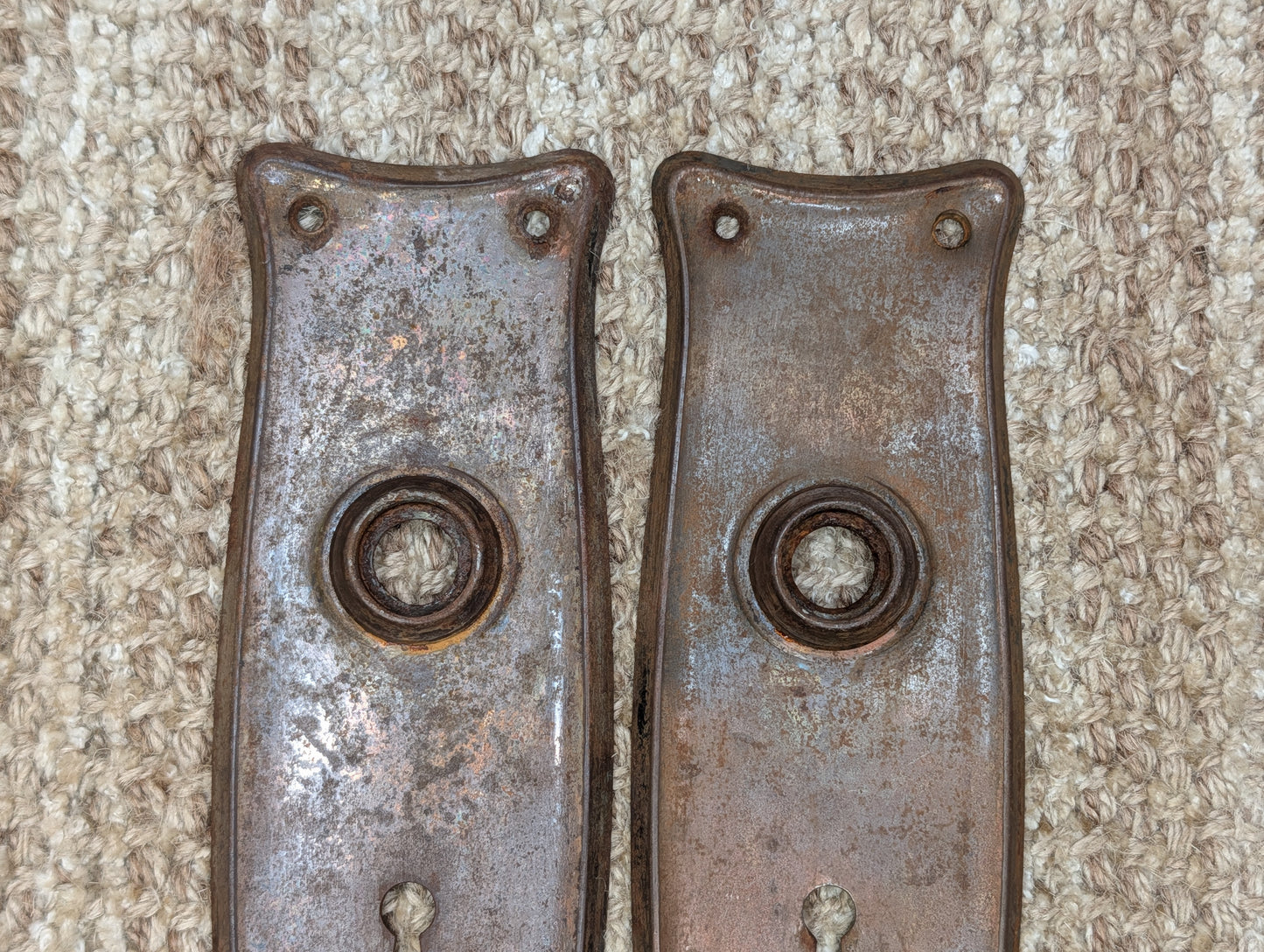 Pair 2 1/2" x 7 11/16" Antique Japanned Stamped Steel Door Knob Plates