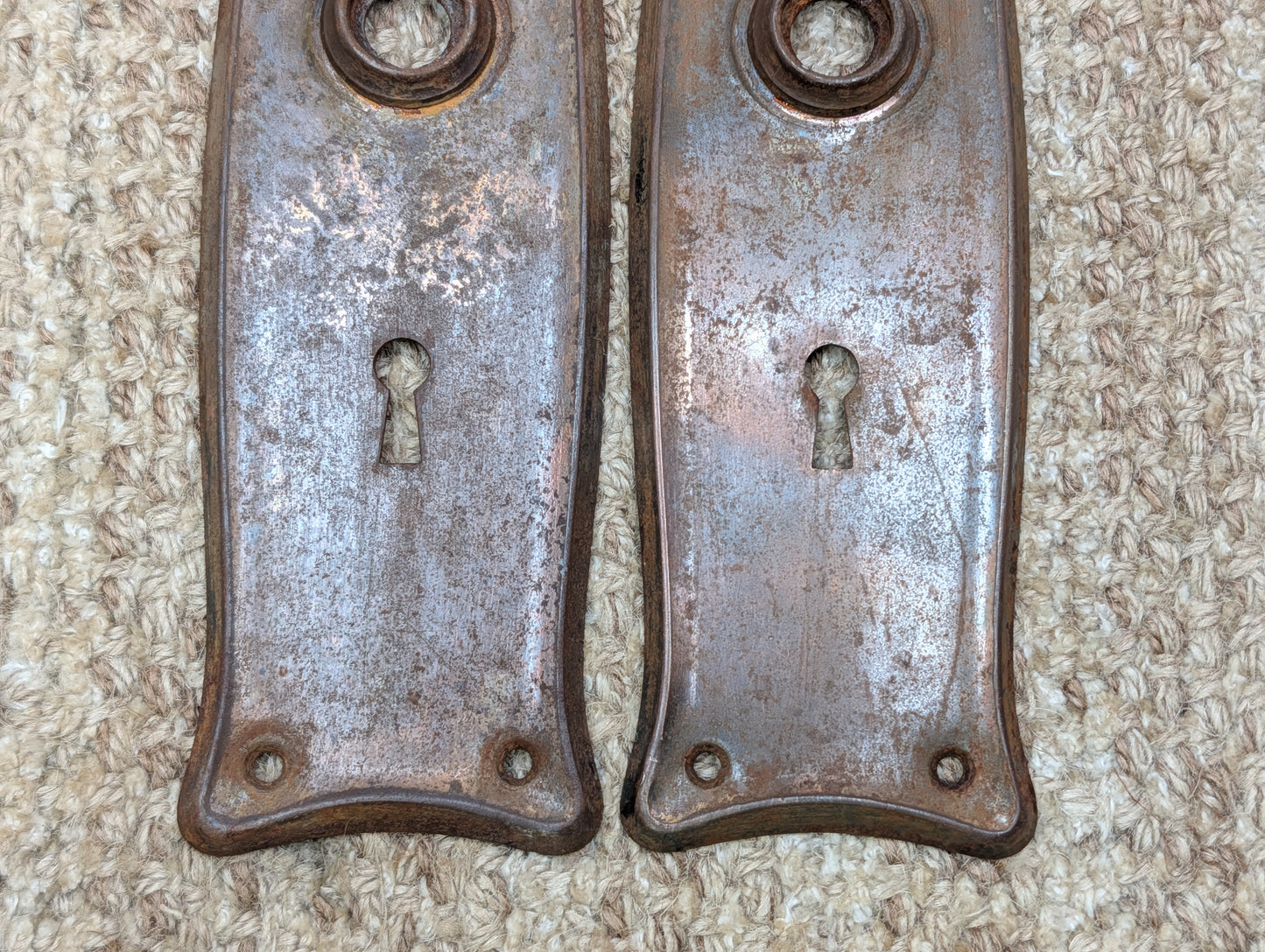 Pair 2 1/2" x 7 11/16" Antique Japanned Stamped Steel Door Knob Plates