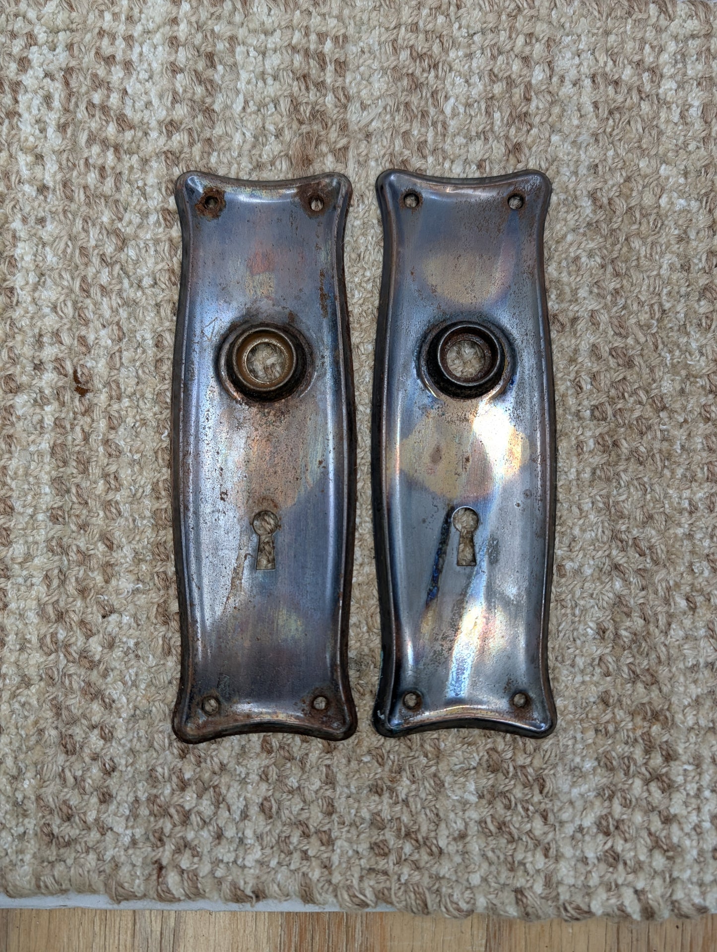 Pair 2 1/2" x 7 11/16" Antique Japanned Stamped Steel Door Knob Plates