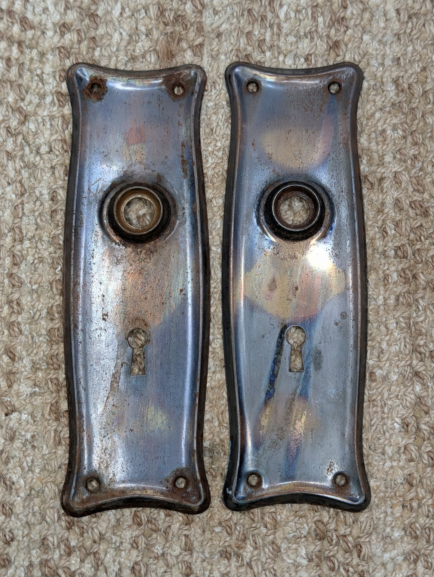 Pair 2 1/2" x 7 11/16" Antique Japanned Stamped Steel Door Knob Plates