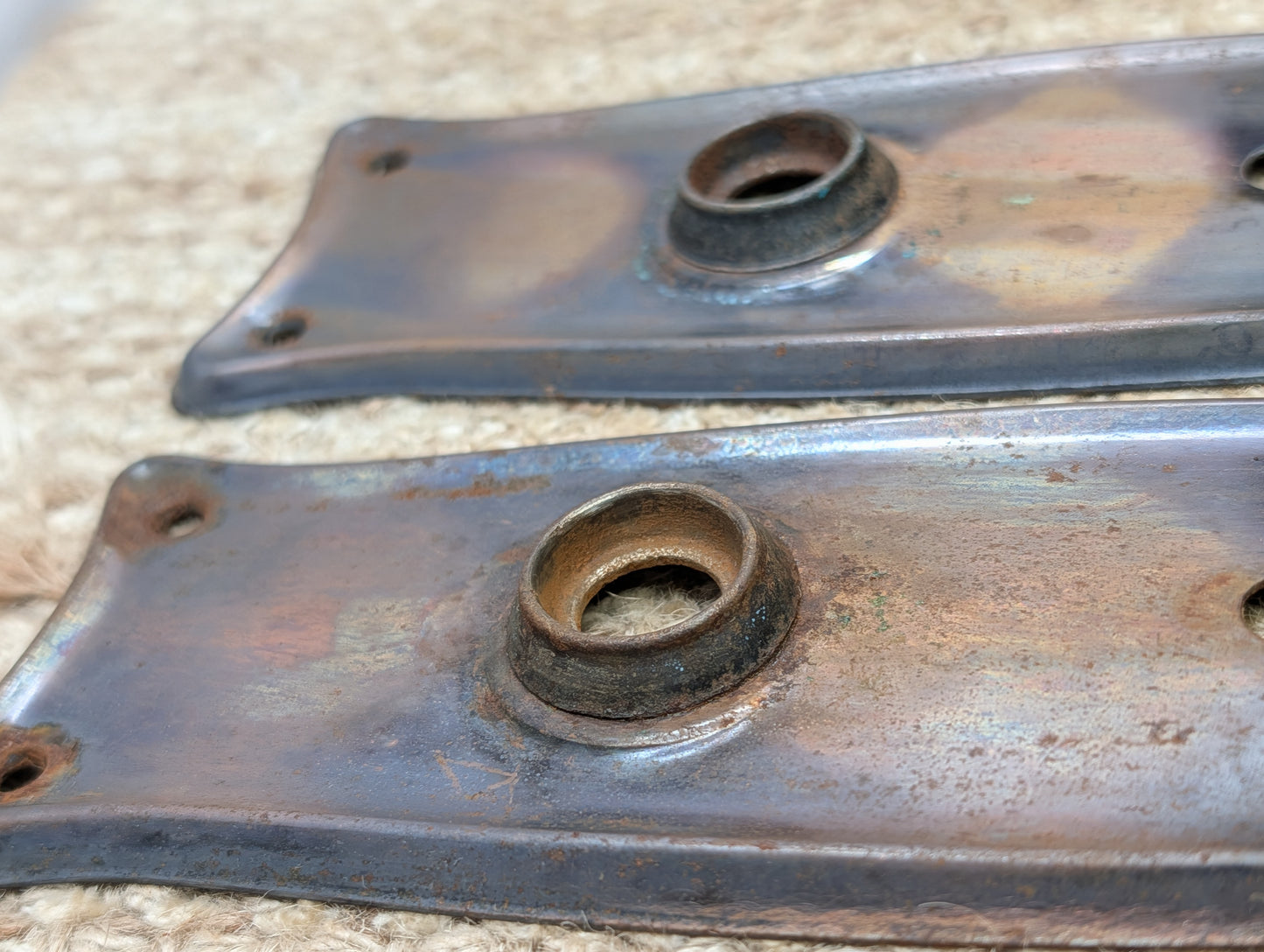 Pair 2 1/2" x 7 11/16" Antique Japanned Stamped Steel Door Knob Plates