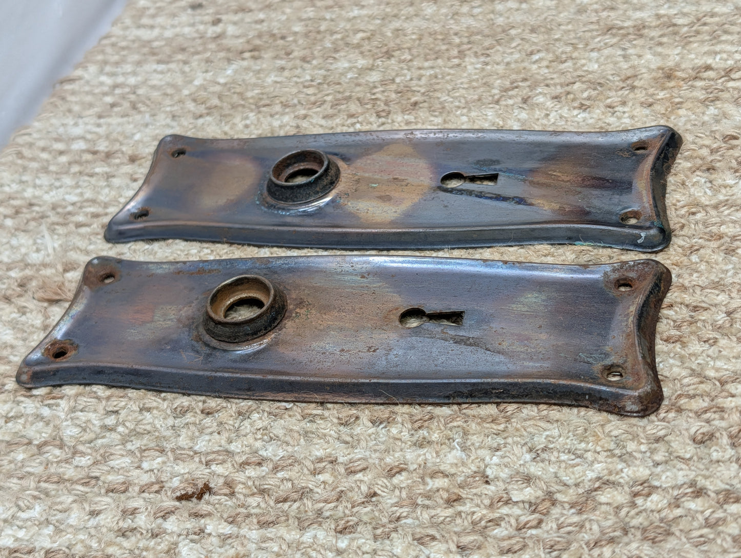 Pair 2 1/2" x 7 11/16" Antique Japanned Stamped Steel Door Knob Plates
