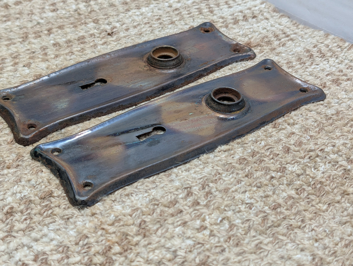 Pair 2 1/2" x 7 11/16" Antique Japanned Stamped Steel Door Knob Plates